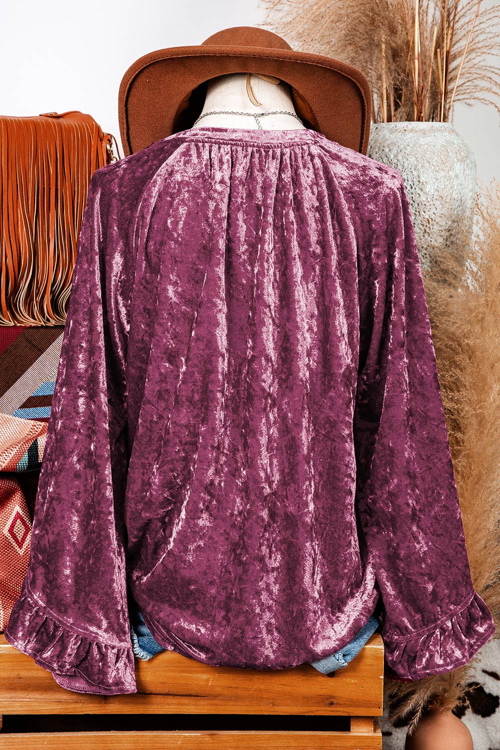 Fashion-W Velvet Pagoda Sleeve Crew Neck Top