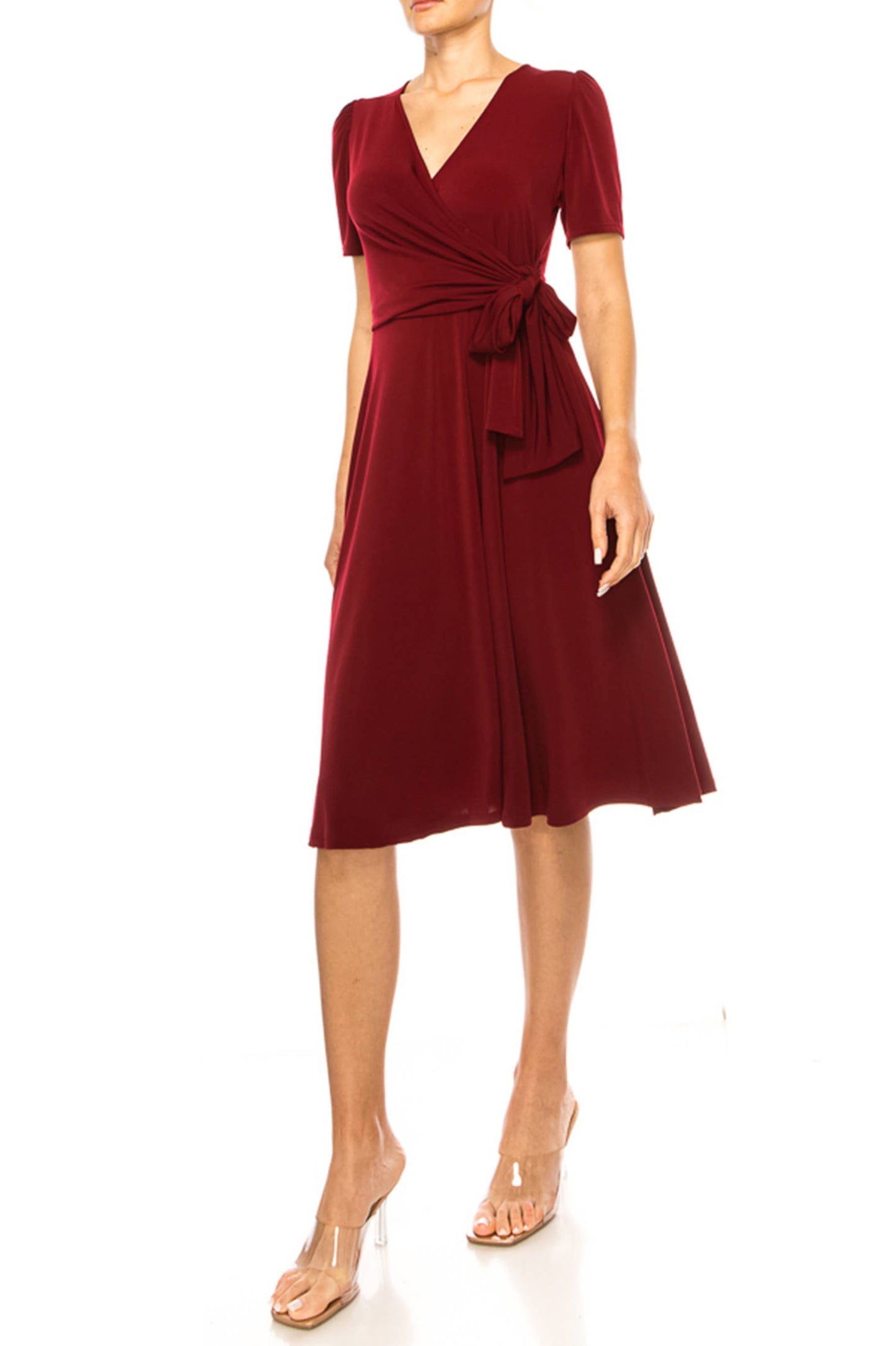 Stylish Solid Faux Wrap Dress with Deep V-Neck