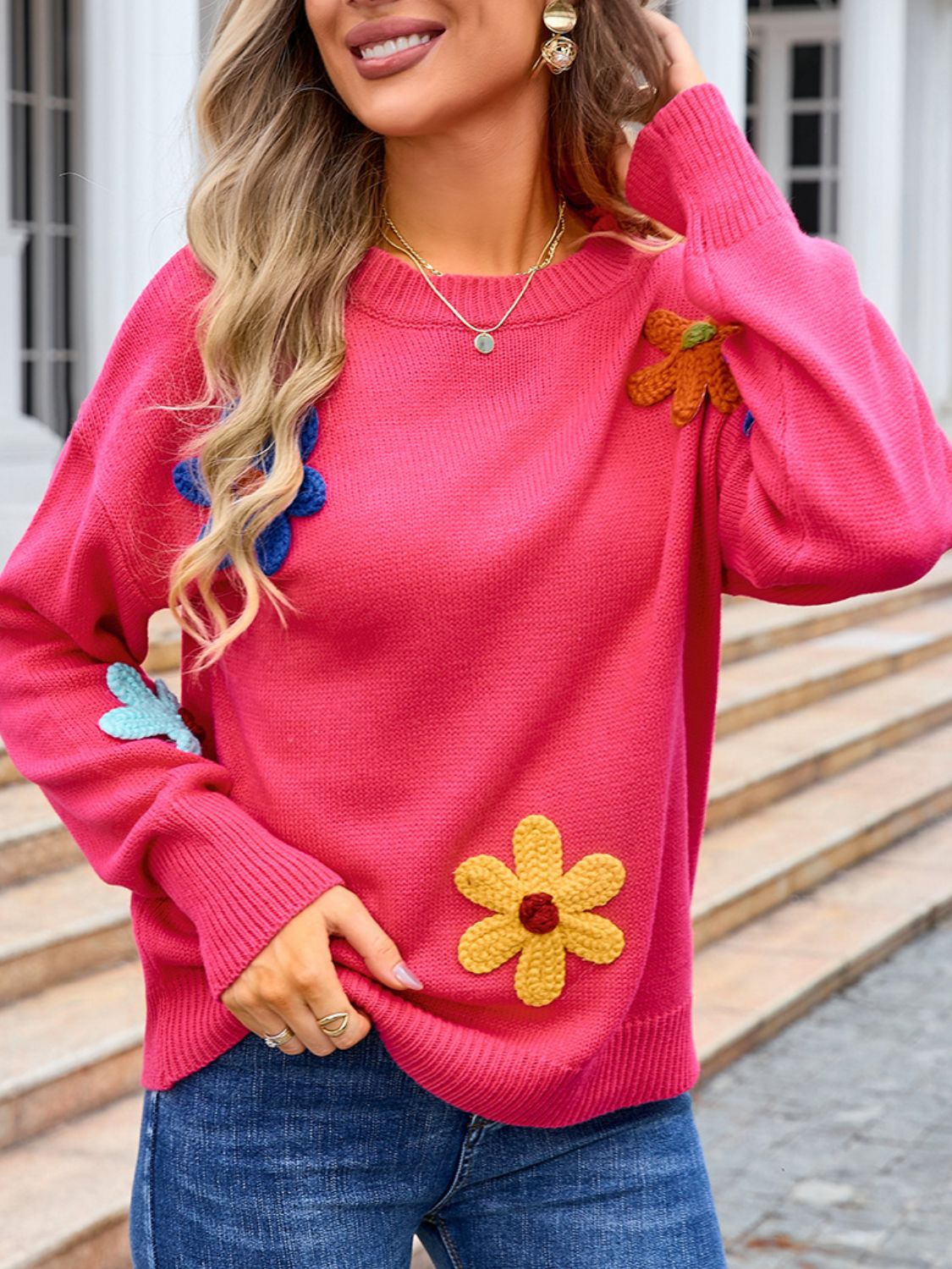 Angel Wings Crochet Flower Round Neck Sweater