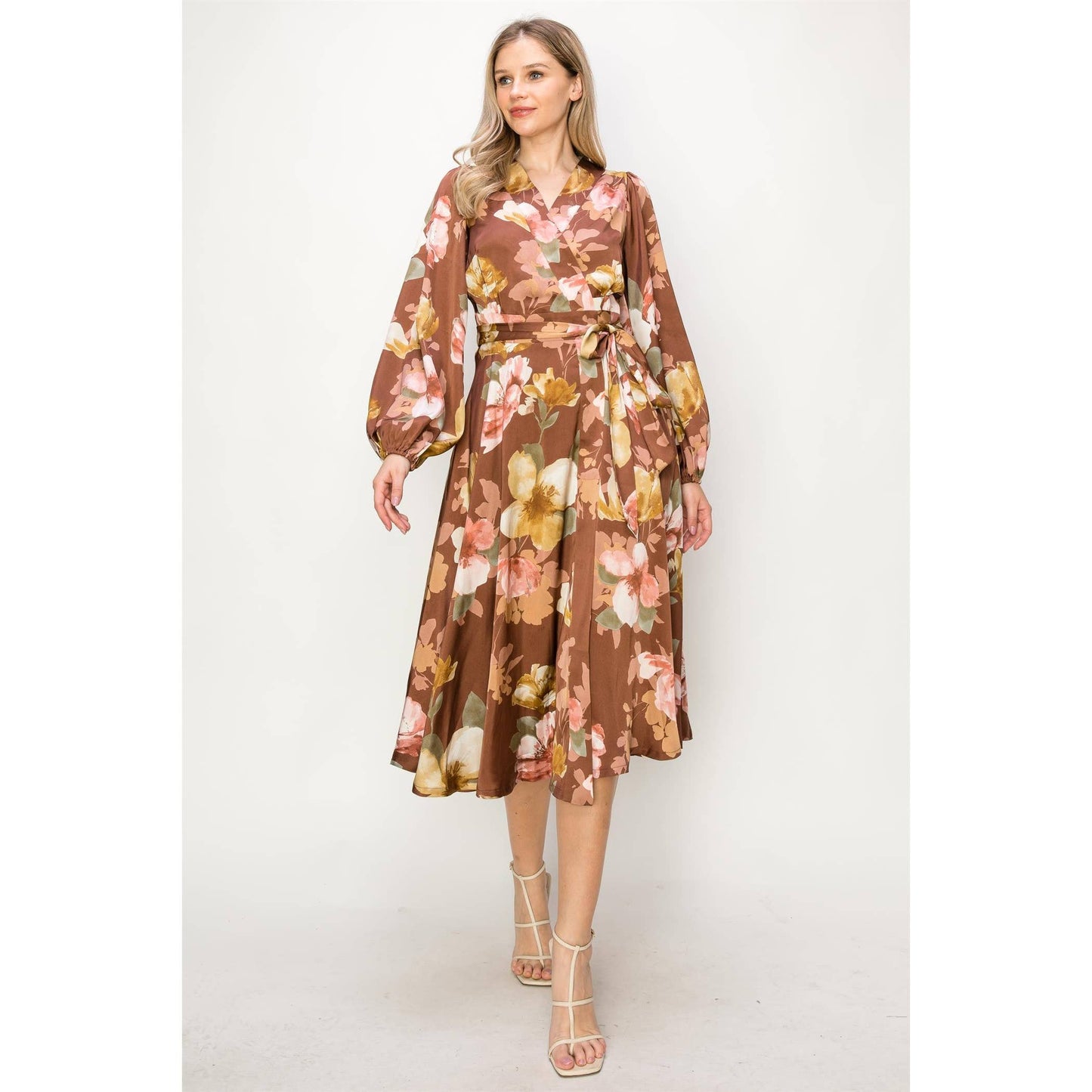 SATIN FLORAL LONG SLEEVE V-NECK WRAP MAXI DRESS