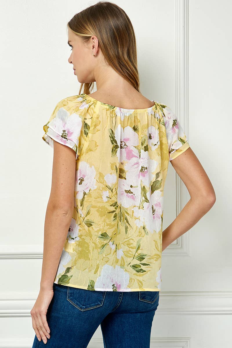 DOUBLE FLUTTER SLEEVE BEADED TIE NECK BLOUSE