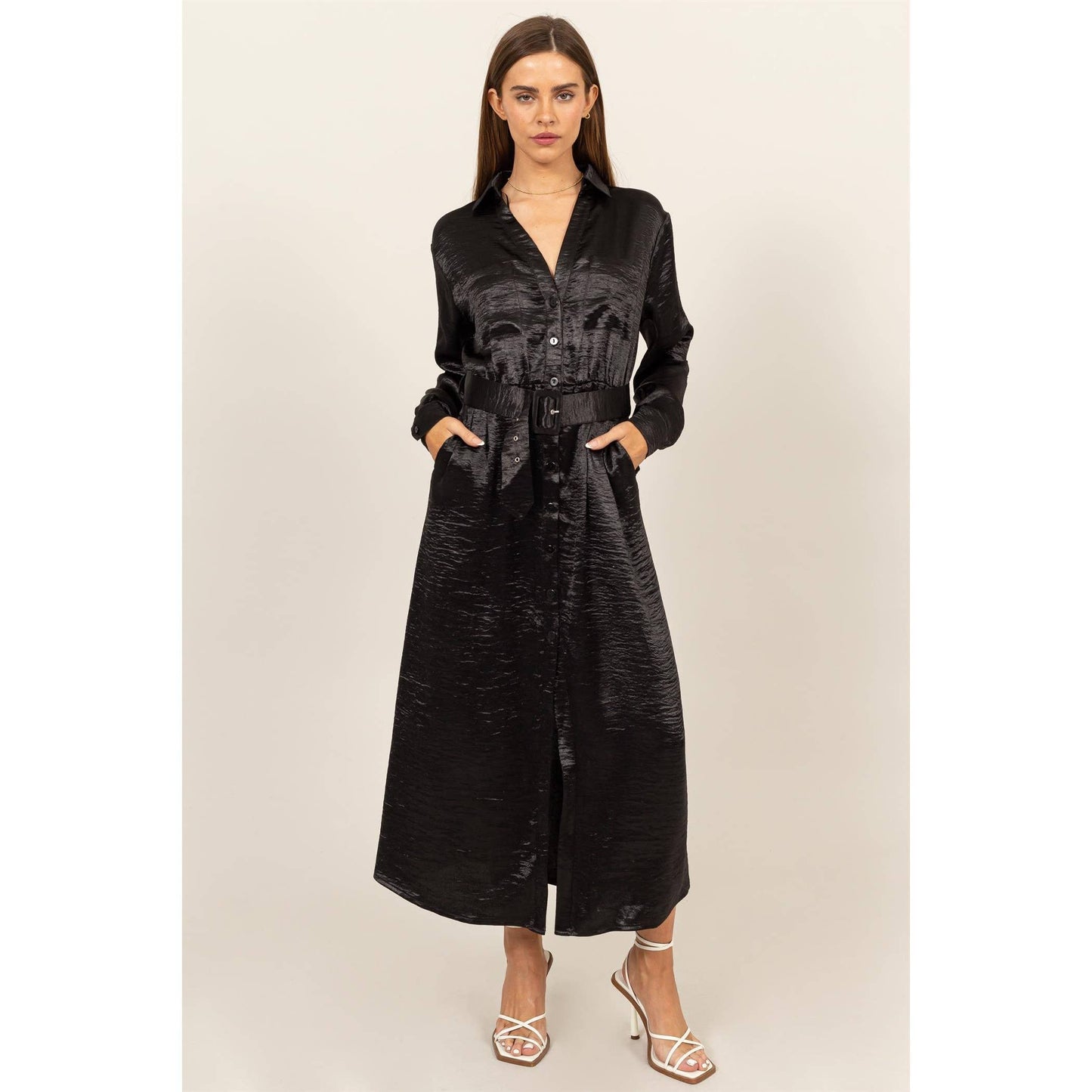 HF24C828-SATIN SHIRT DRESS WITH BELT