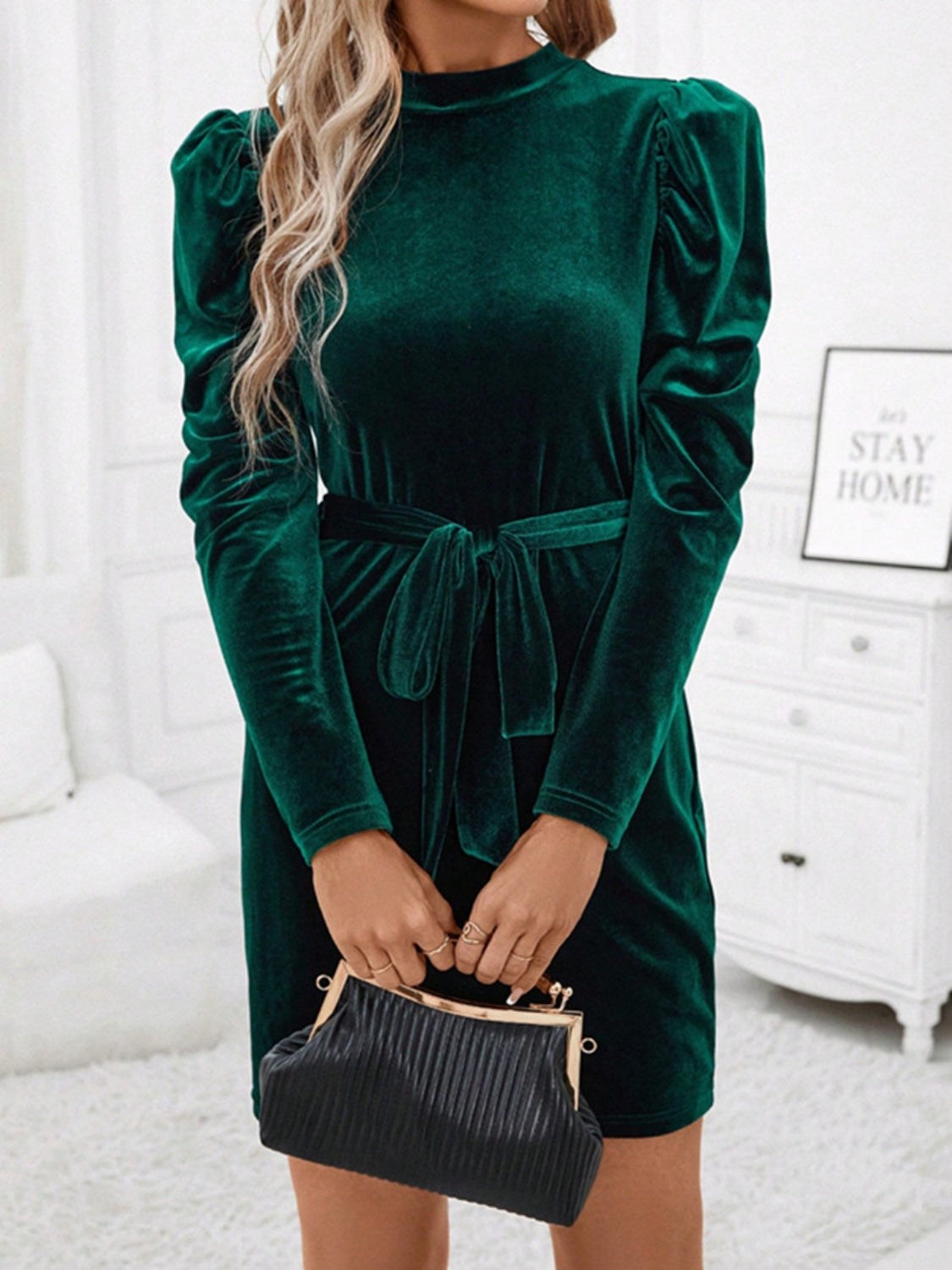 Mock Neck Tie Waist Puff Sleeve Mini Dress