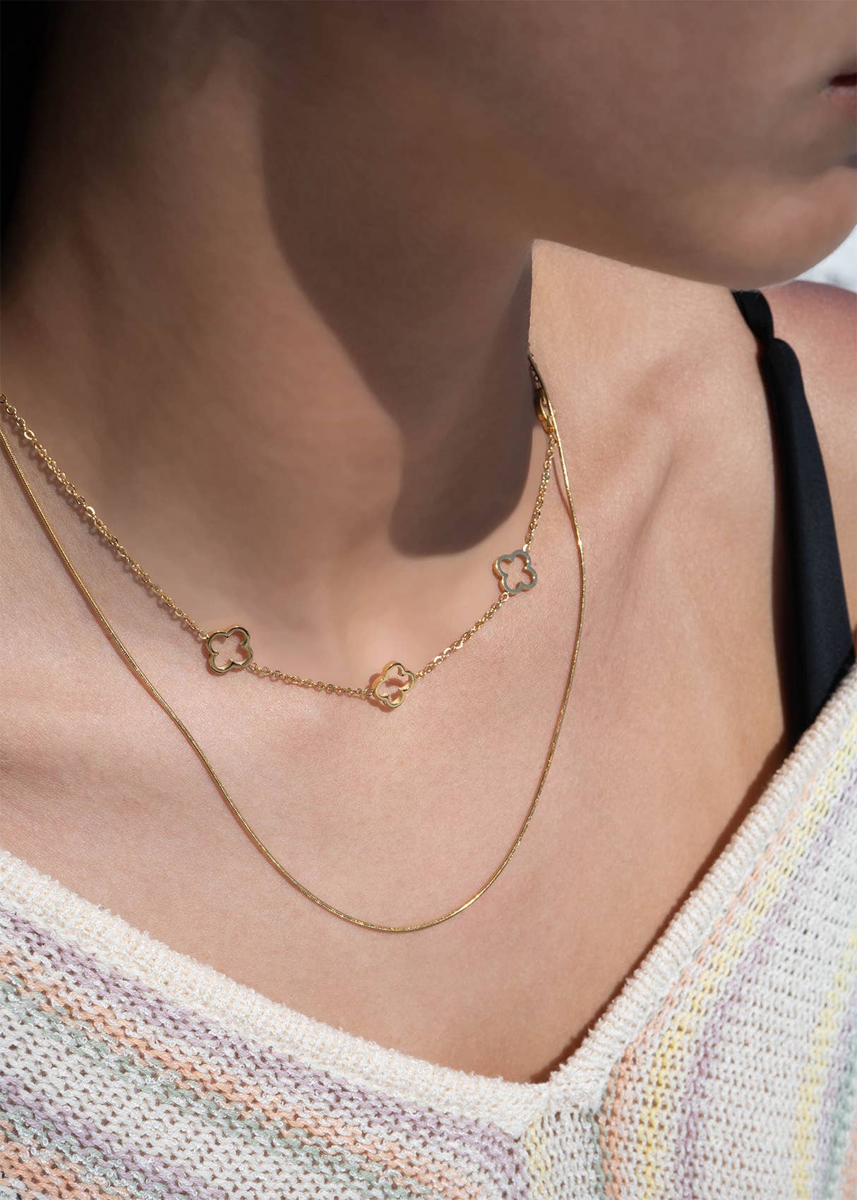 18K Gold PVD Stainless Steel Layered Clover Charm Necklace