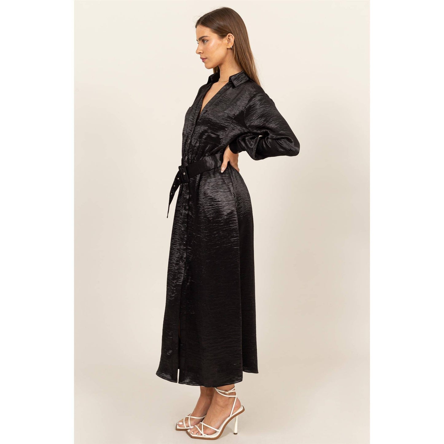 HF24C828-SATIN SHIRT DRESS WITH BELT