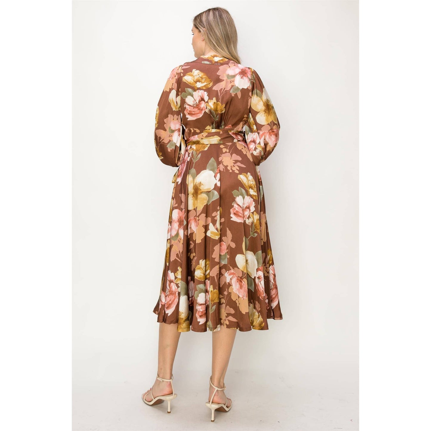 SATIN FLORAL LONG SLEEVE V-NECK WRAP MAXI DRESS