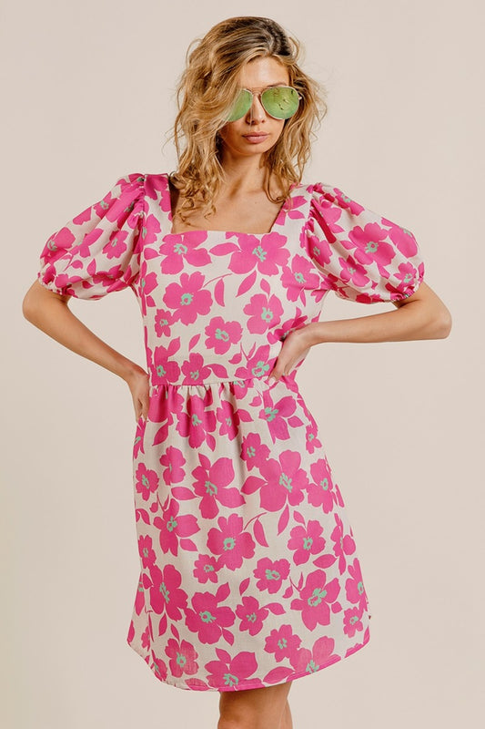 Printed Square Neck Puff Sleeve Mini Dress