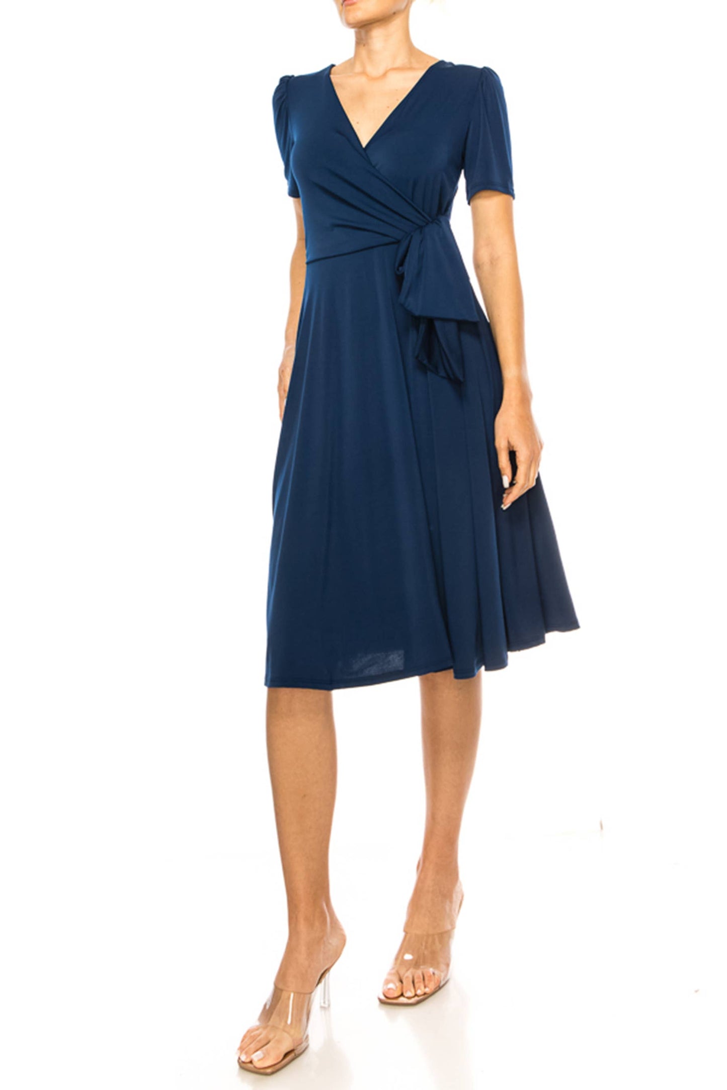 Stylish Solid Faux Wrap Dress with Deep V-Neck