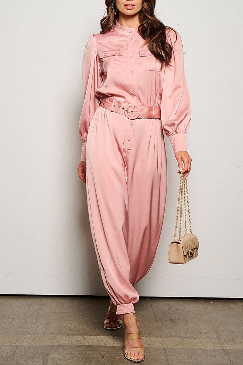 LONG SLEEVE BUTTON UP POCKETS BELTED JUMPSUIT