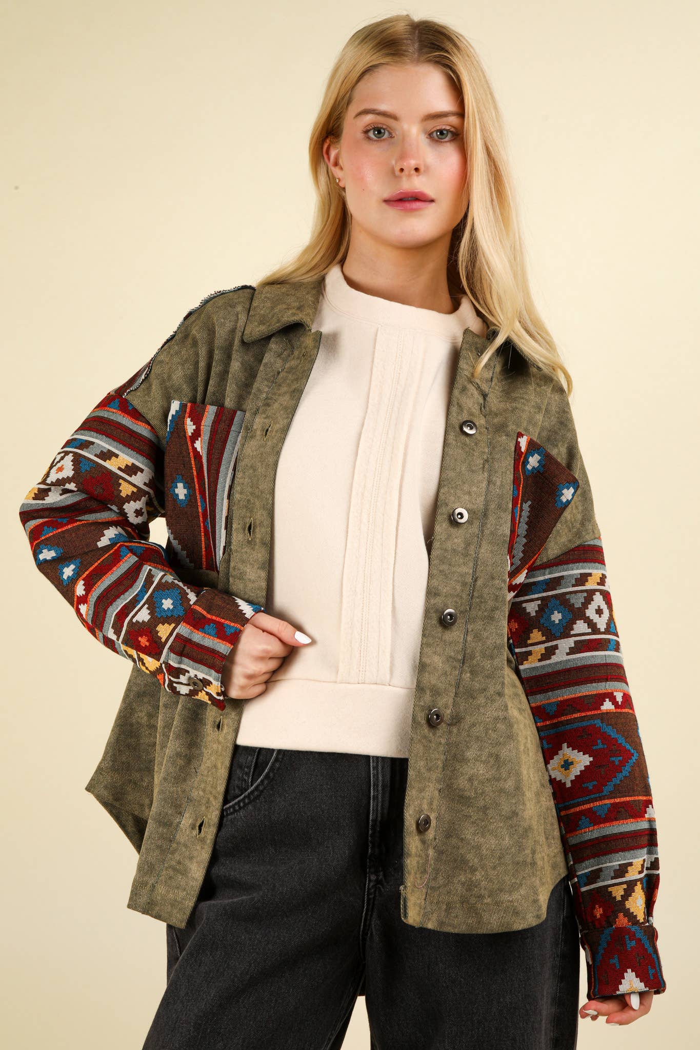 NJ90328-Aztec Graphic Oversized Button Down Shacket Jacket
