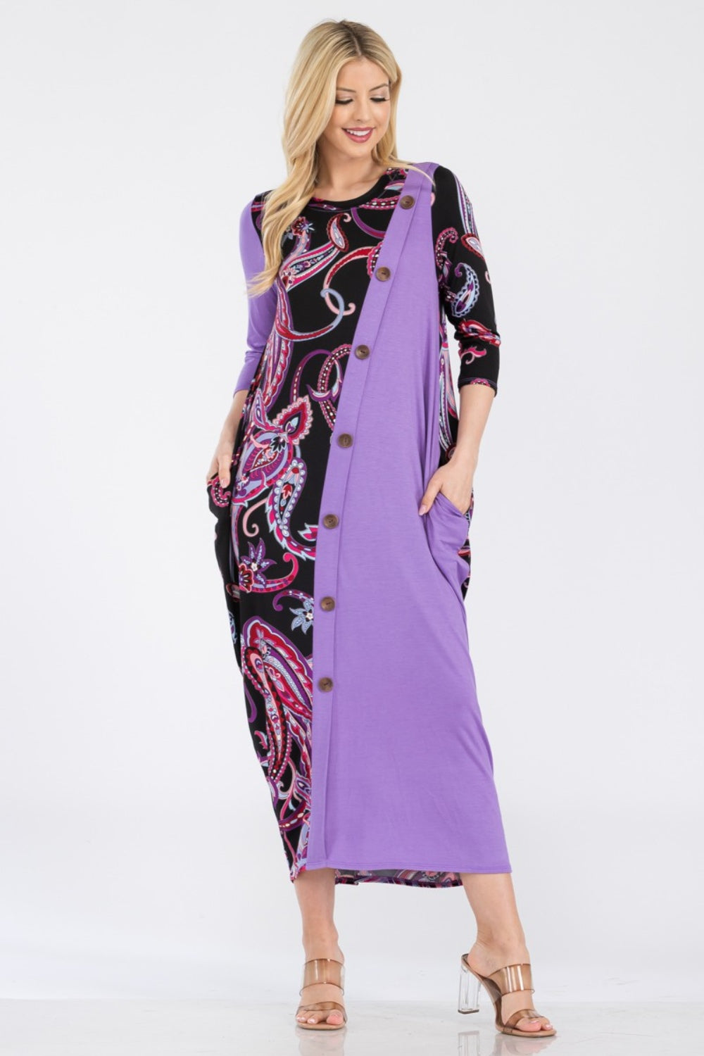 Full Size Paisley Contrast Midi Dress with Pockets