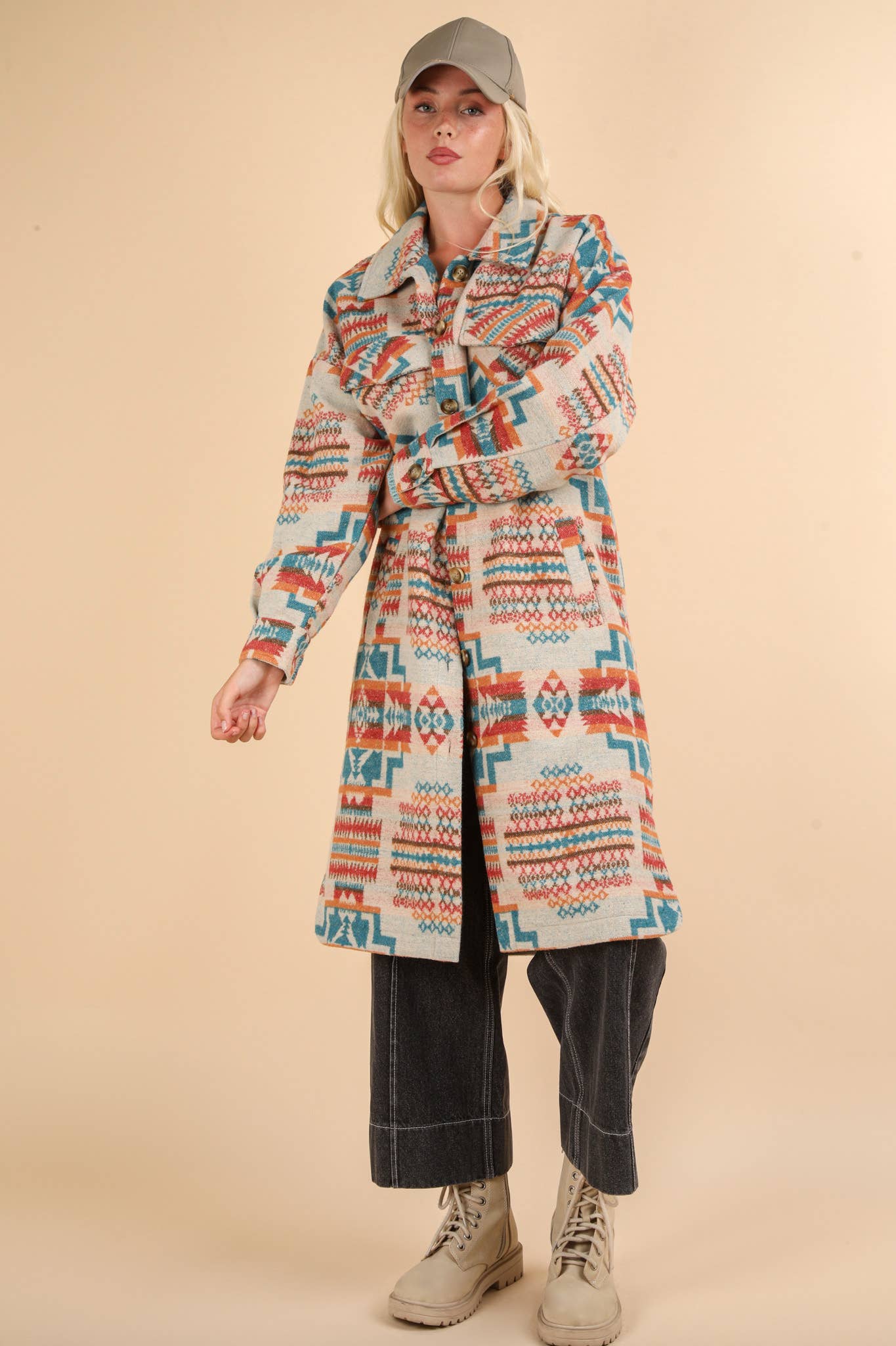 NJ90325-Aztec & Plaid Printed Shacket Jacket Coat