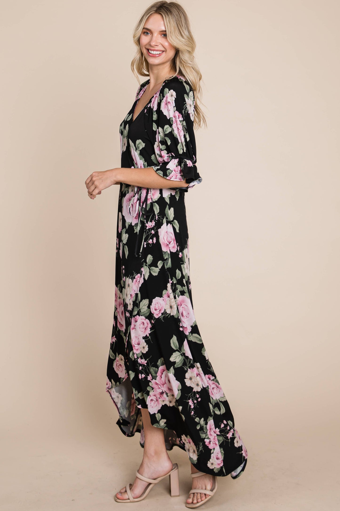 ETD-839 Floral Faux Wrap High Low Maxi Dress
