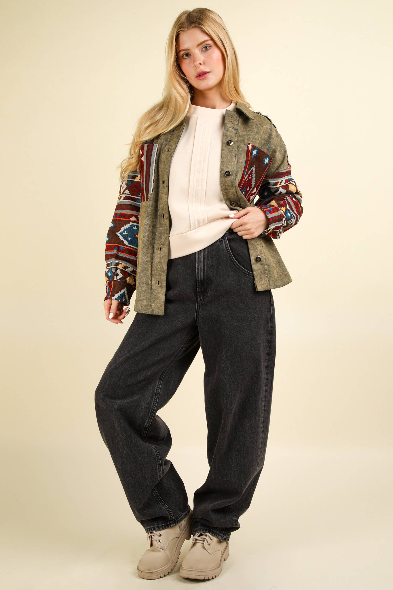 NJ90328-Aztec Graphic Oversized Button Down Shacket Jacket