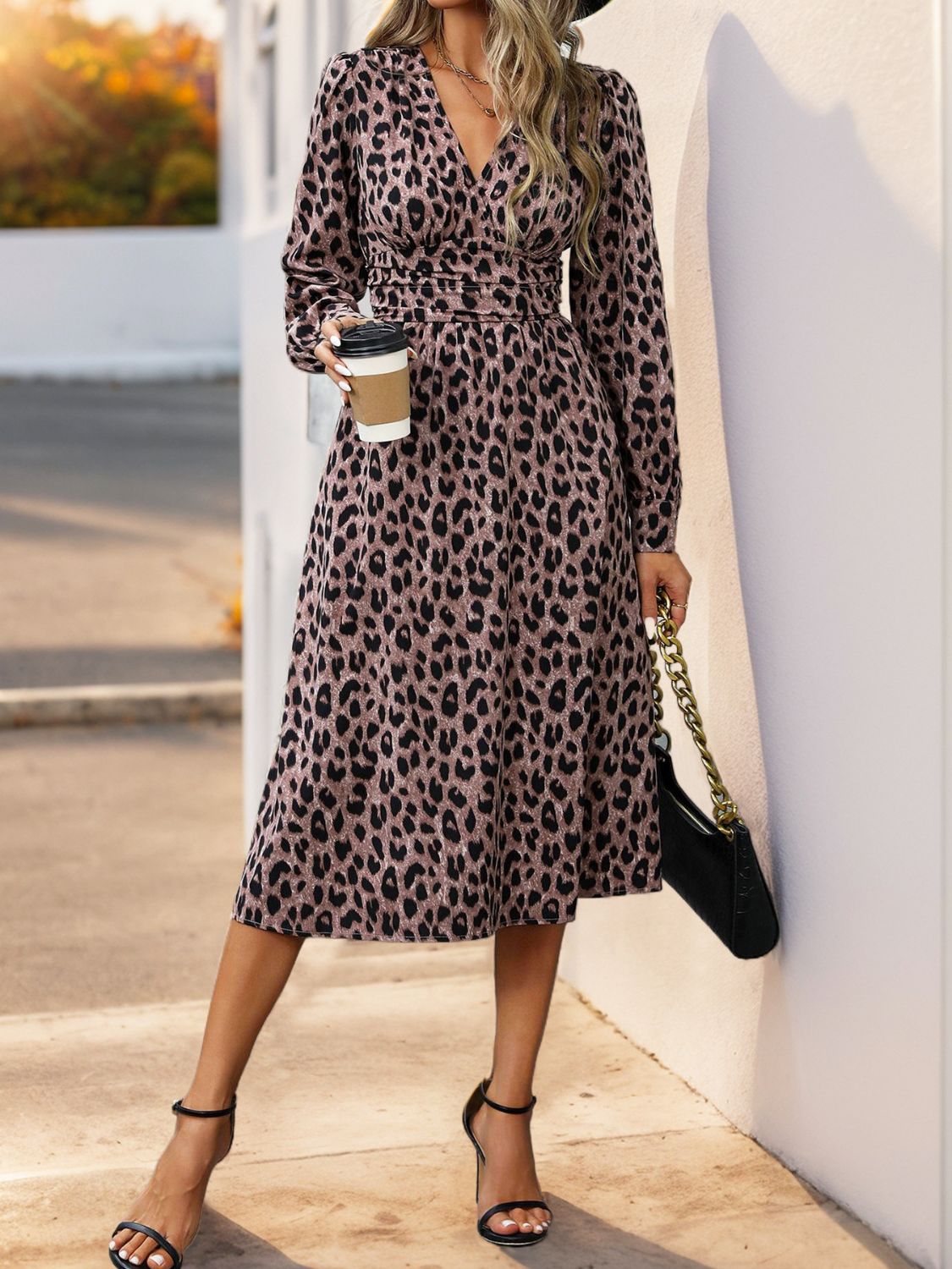 Perfee Leopard Surplice Long Sleeve Midi Dress