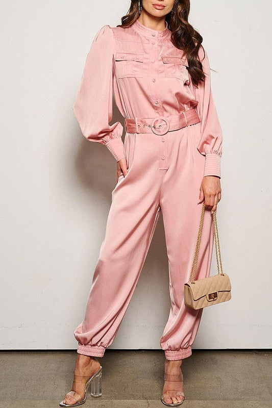 LONG SLEEVE BUTTON UP POCKETS BELTED JUMPSUIT