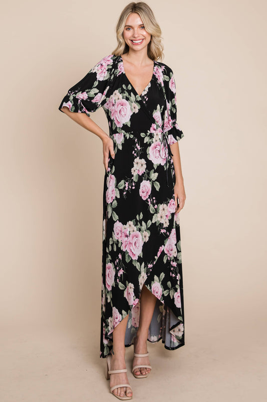 ETD-839 Floral Faux Wrap High Low Maxi Dress