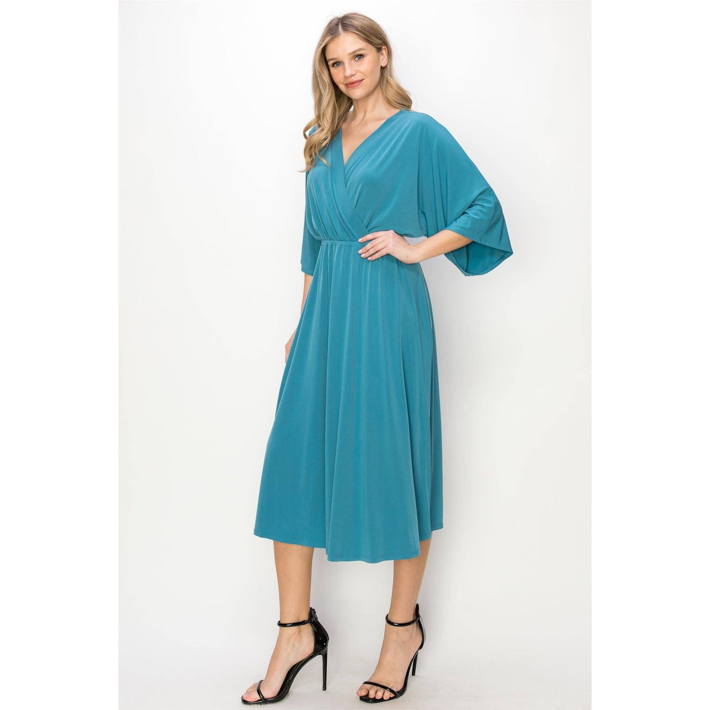 ELEGANT SOLID SURPLICE MIDI DRESS