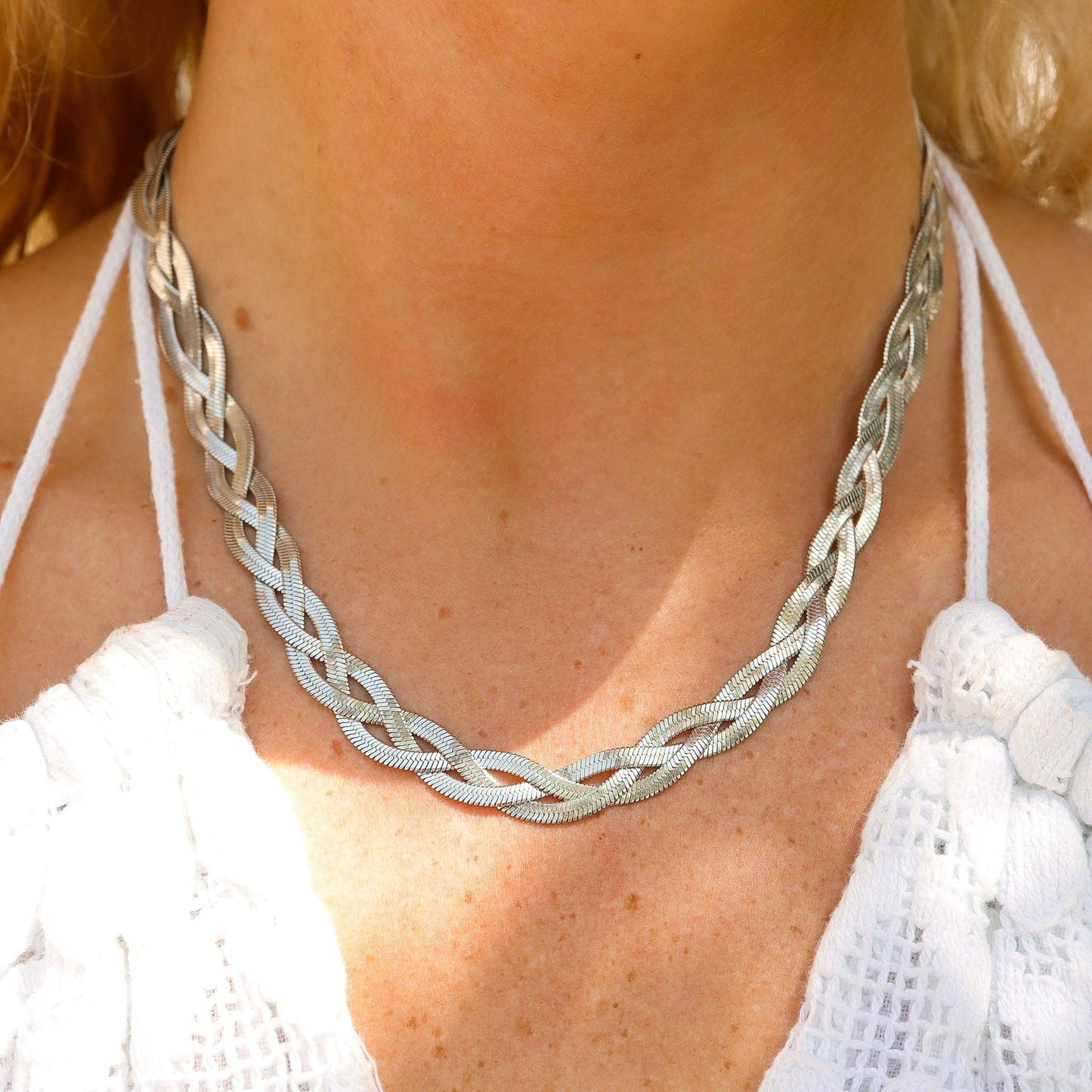 18K Gold PVD Stainless Steel Interwoven Herringbone Chain Necklace
