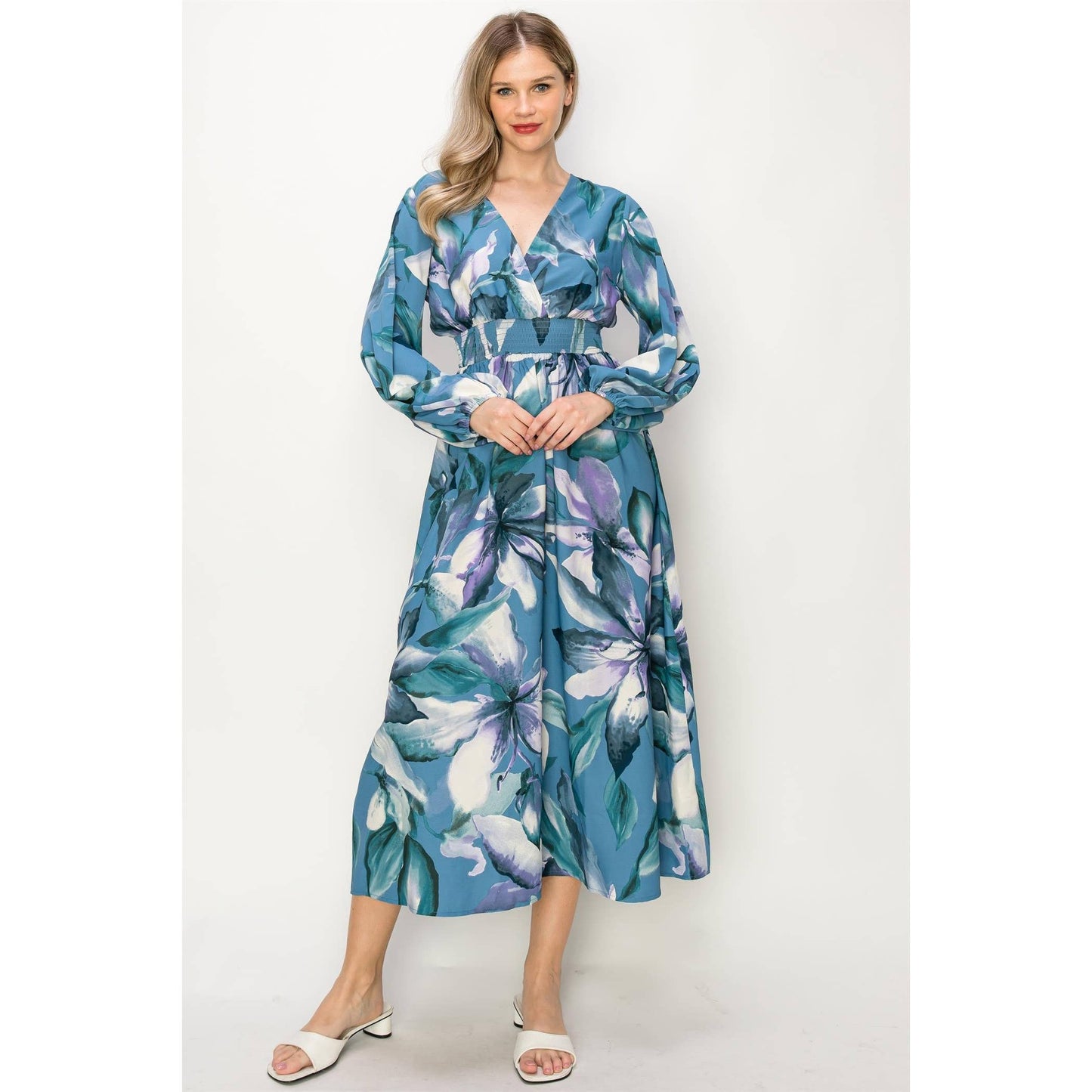 OL24A140-LONG SLEEVE STRETCH WAIST MAXI DRESS