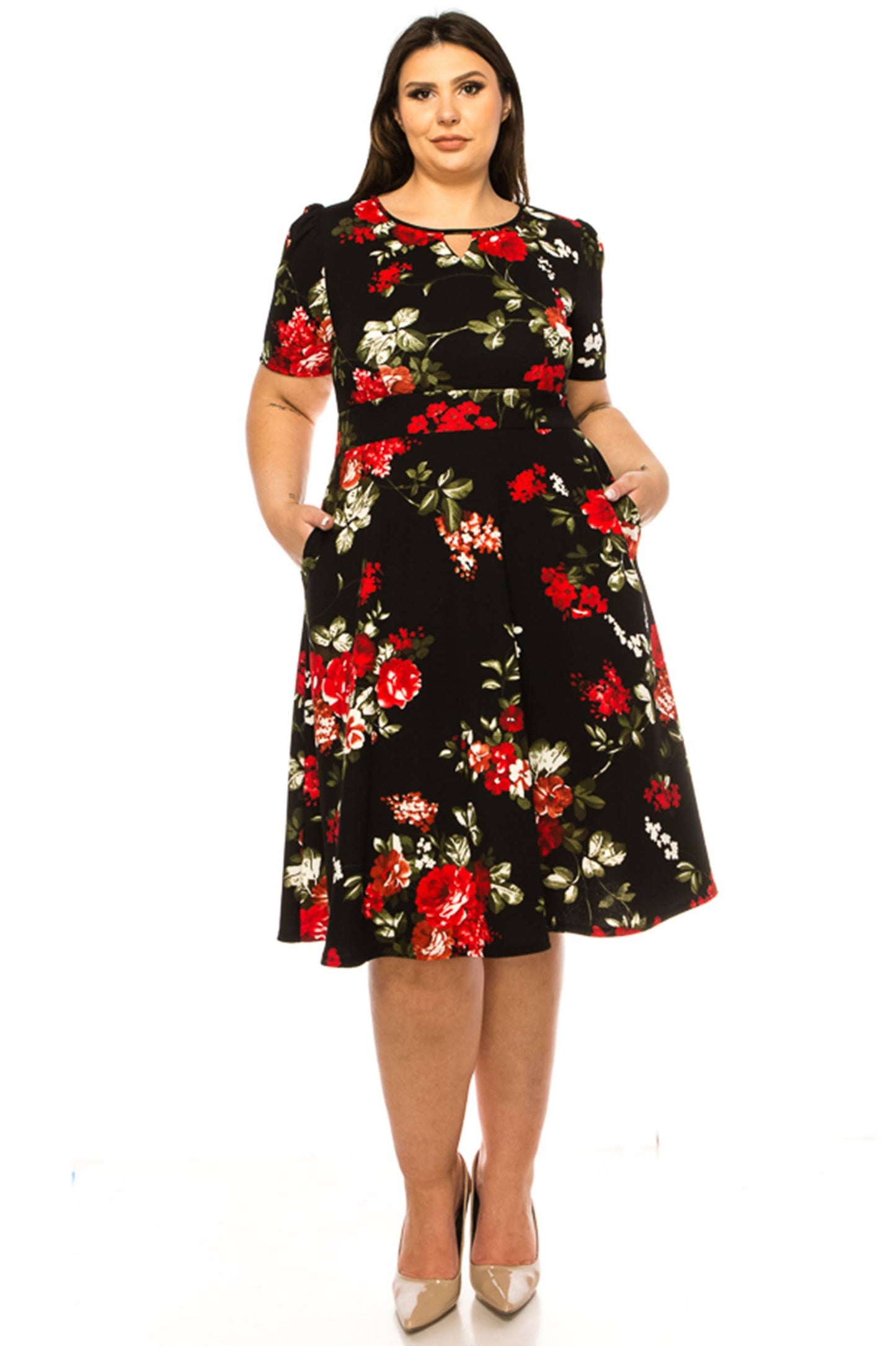 Women's Plus Size Dress with Puff Sleeves and Keyhole Front