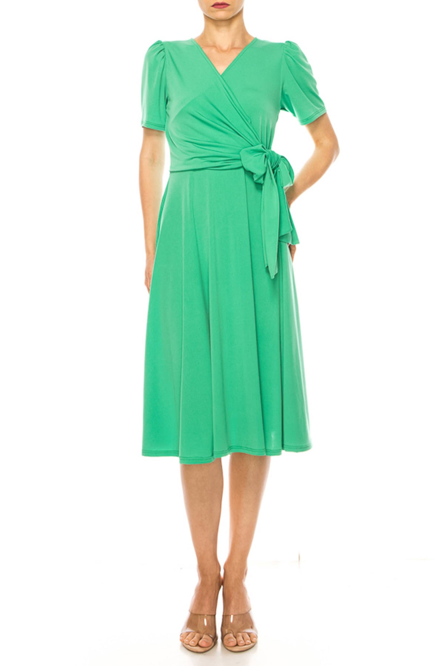 Stylish Solid Faux Wrap Dress with Deep V-Neck