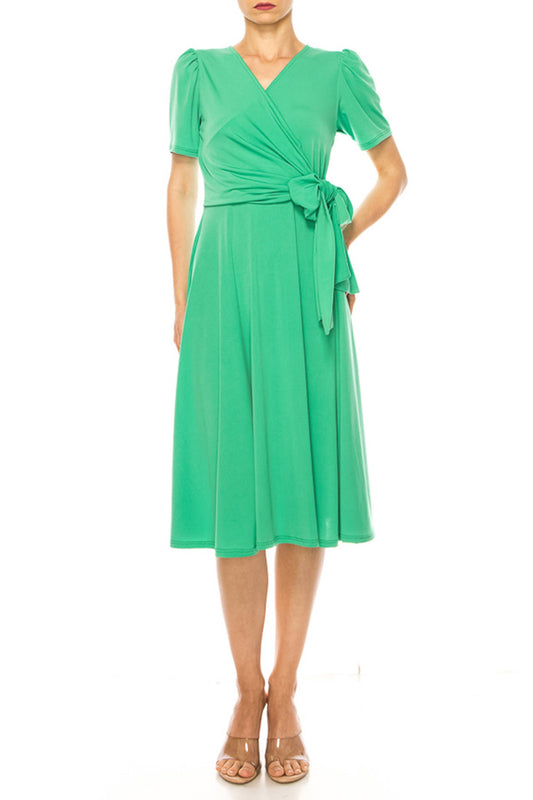 Stylish Solid Faux Wrap Dress with Deep V-Neck