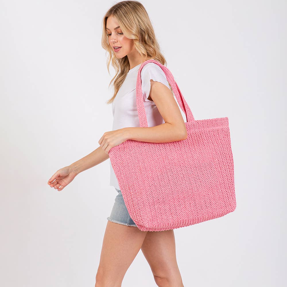 Solid Crochet Straw Tote Bag / Beach Bag