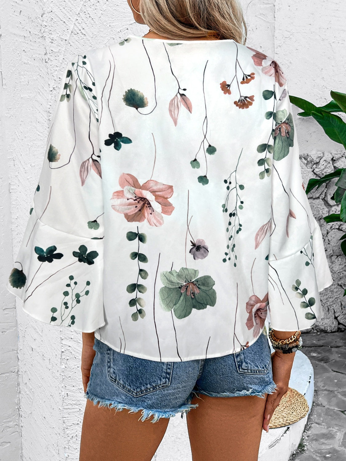 Ruffled Printed V-Neck Half Sleeve Blouse