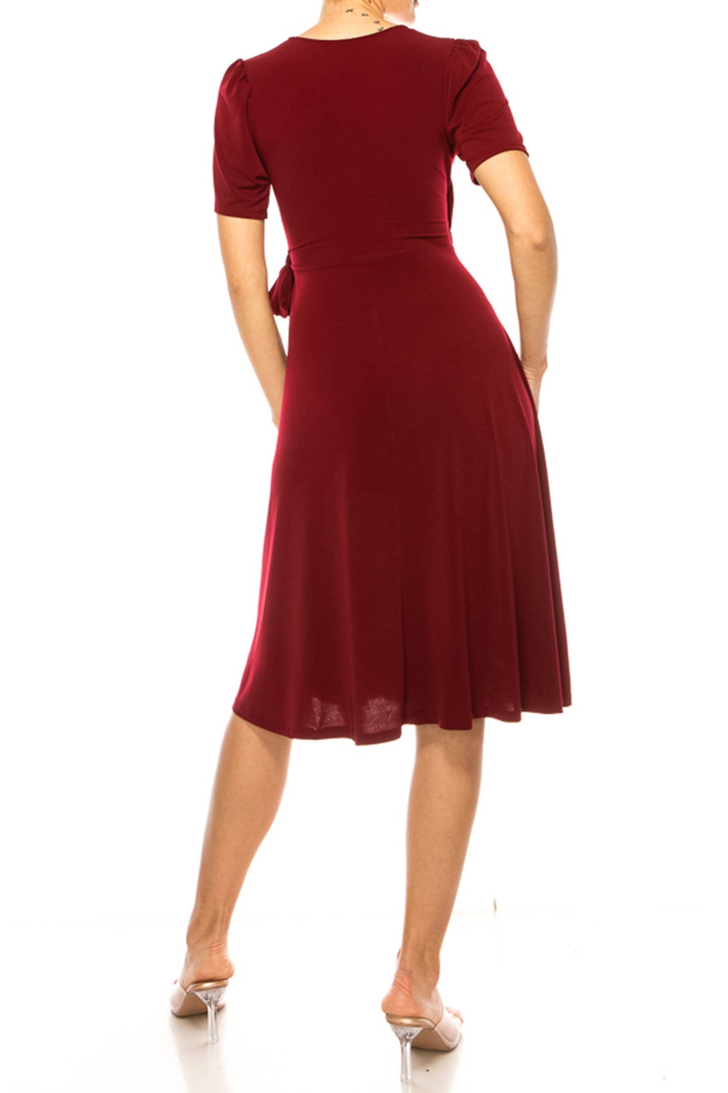 Stylish Solid Faux Wrap Dress with Deep V-Neck