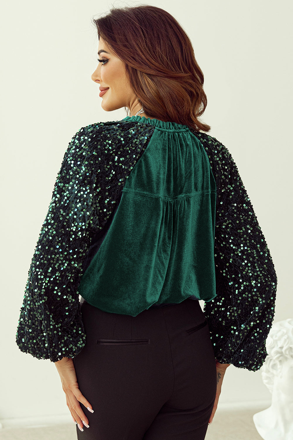 Sequin Notched Long Sleeve Blouse