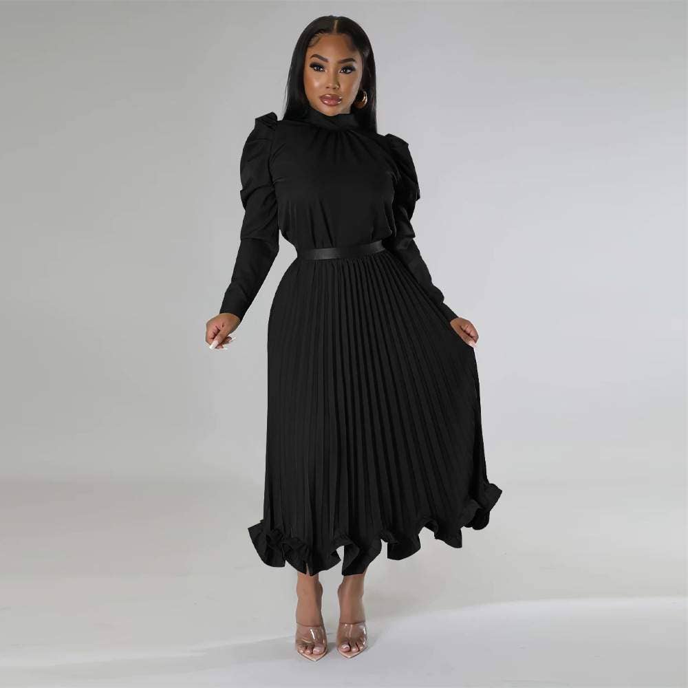 Skirt sets for women mock neck puff long sleeve