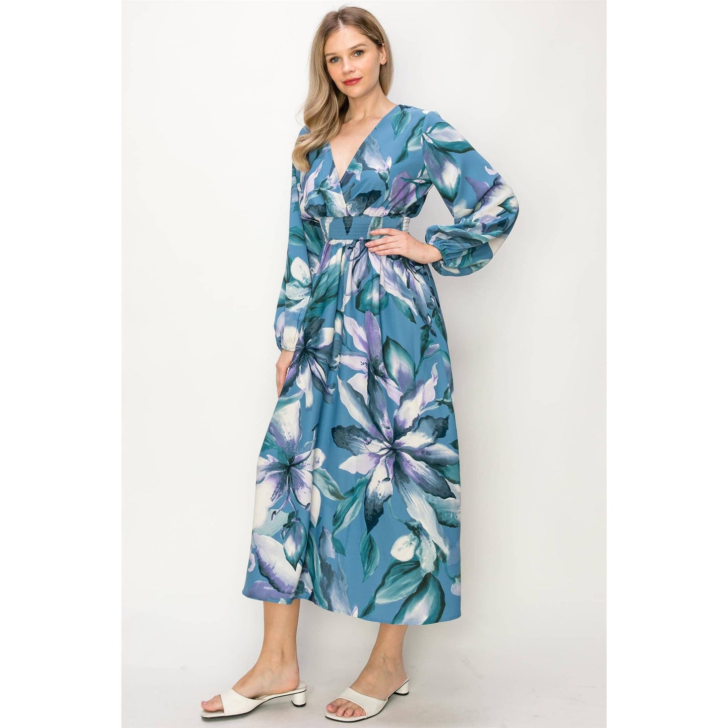 OL24A140-LONG SLEEVE STRETCH WAIST MAXI DRESS