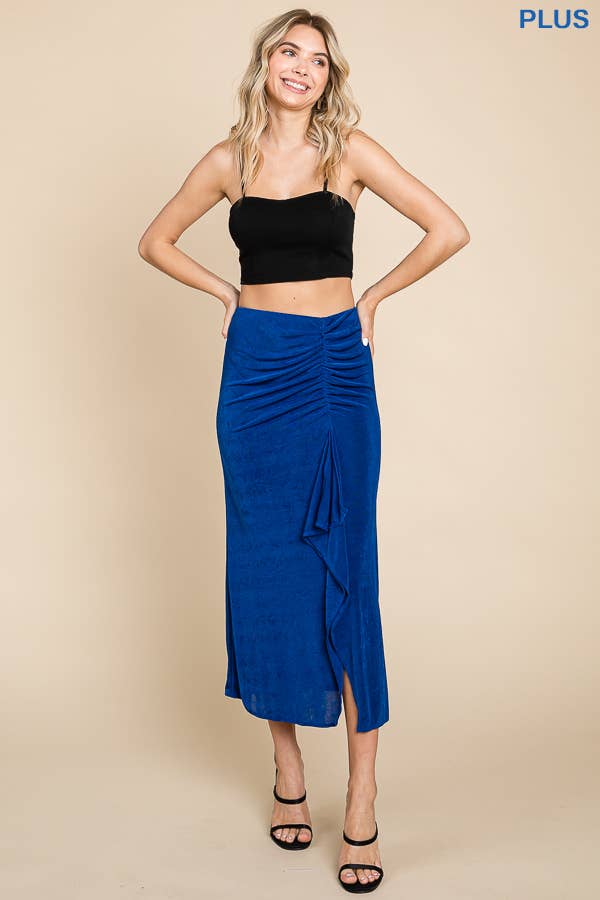 CBR1229X-Plus Ruching Drape Midi Solid Skirt