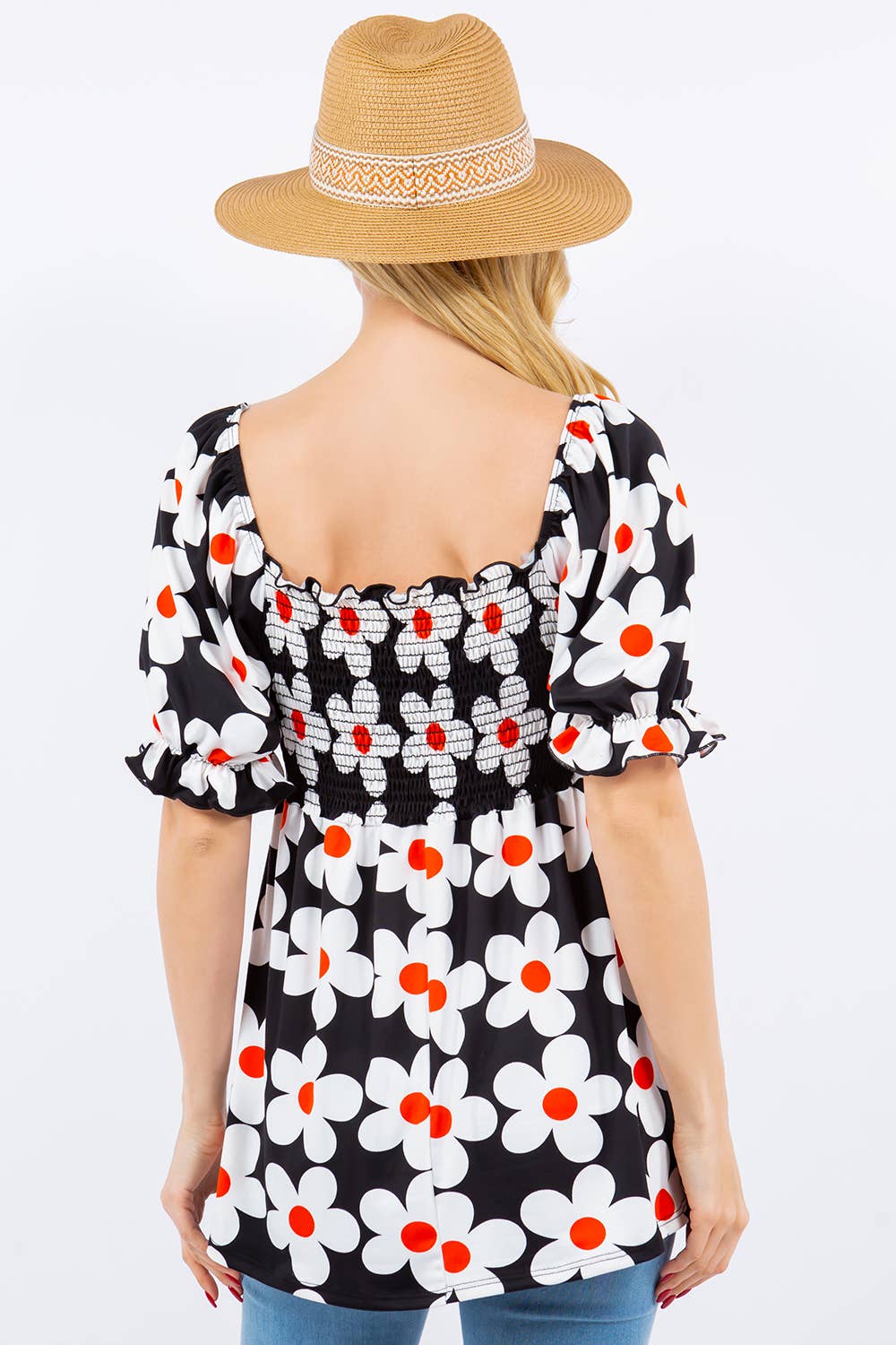 FLORAL PRINT SMOCKED TOP WITH PUFF SLEEVE -CT43822A
