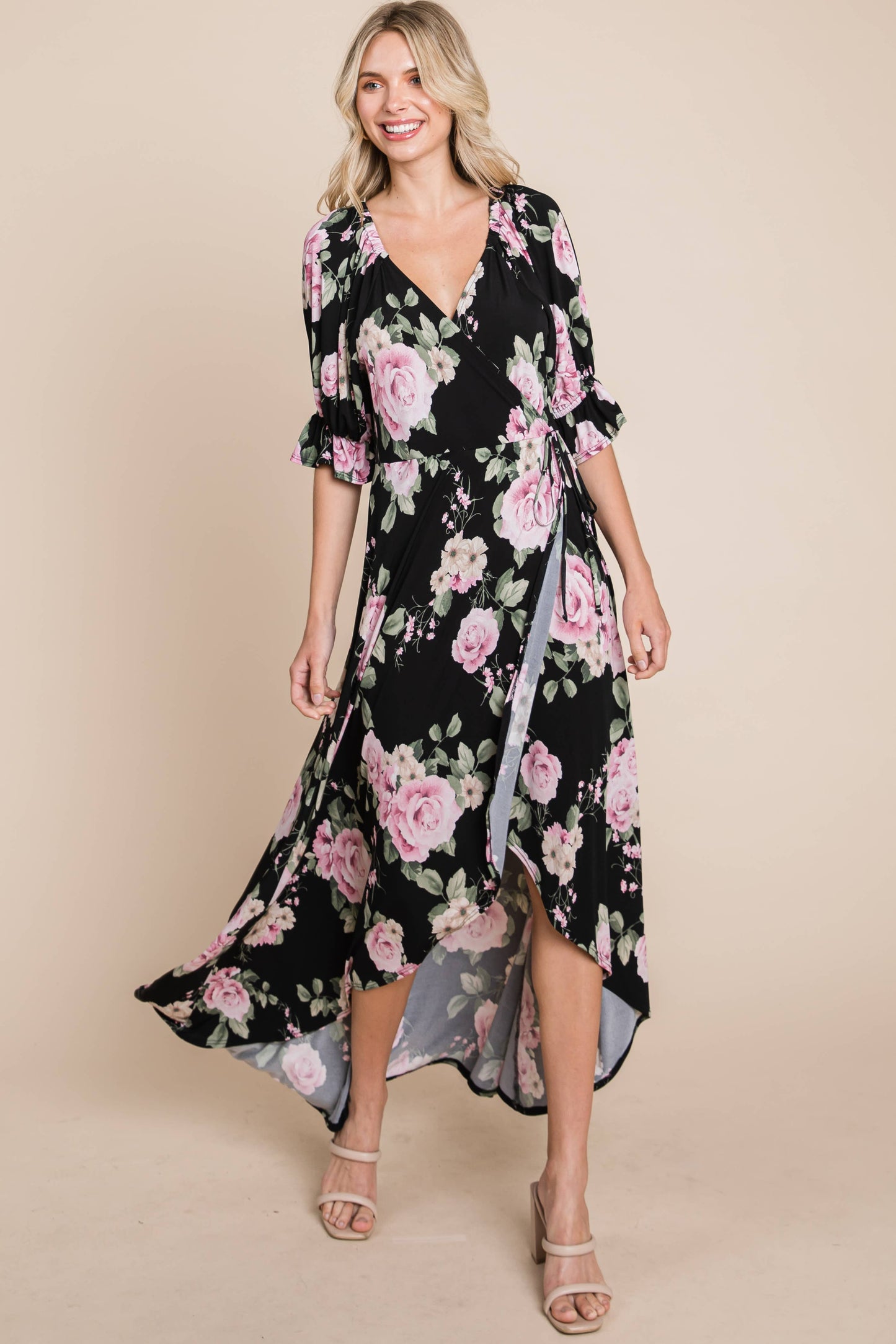 ETD-839 Floral Faux Wrap High Low Maxi Dress