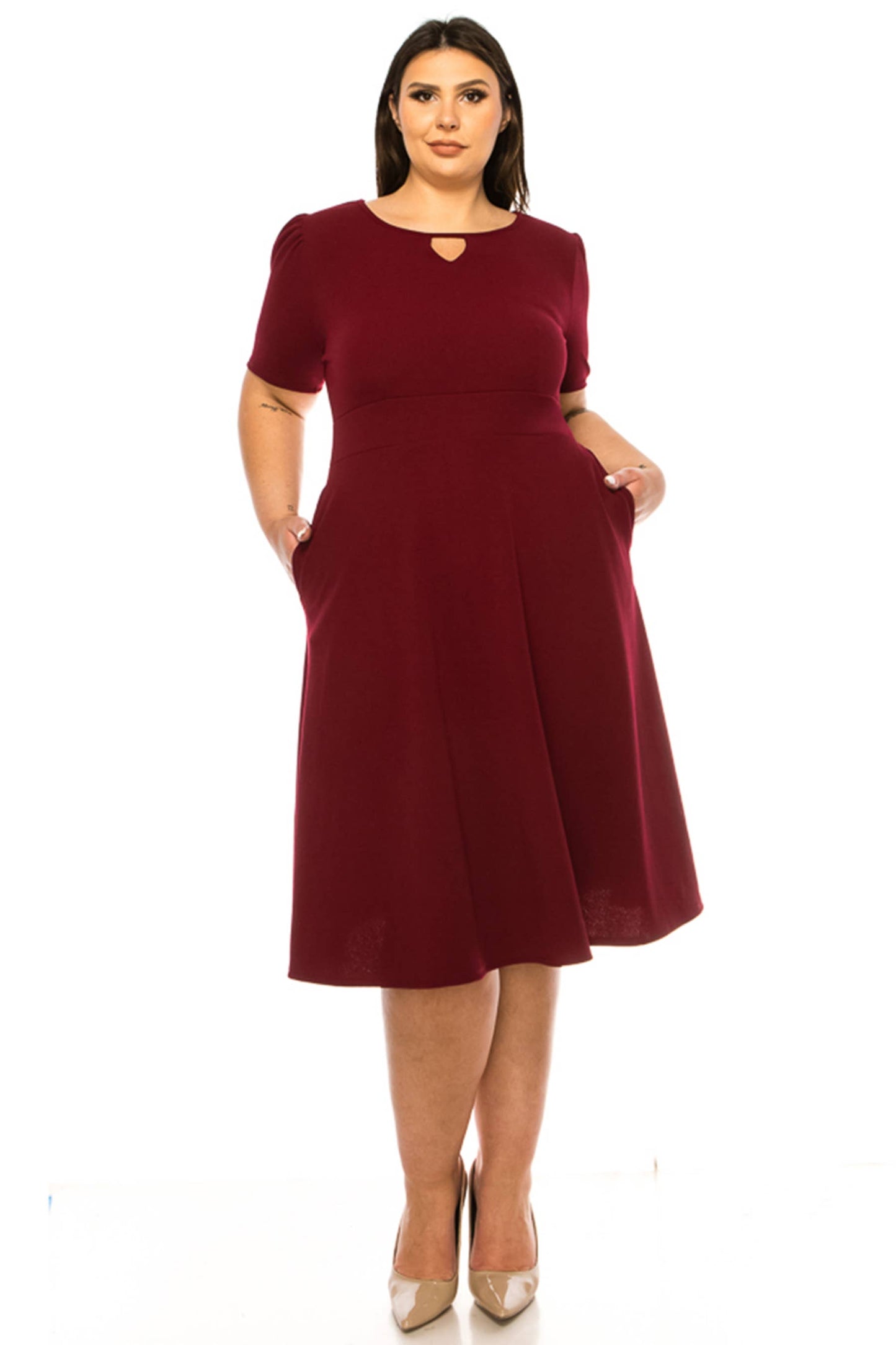 Women's Plus Size Dress with Puff Sleeves and Keyhole Front