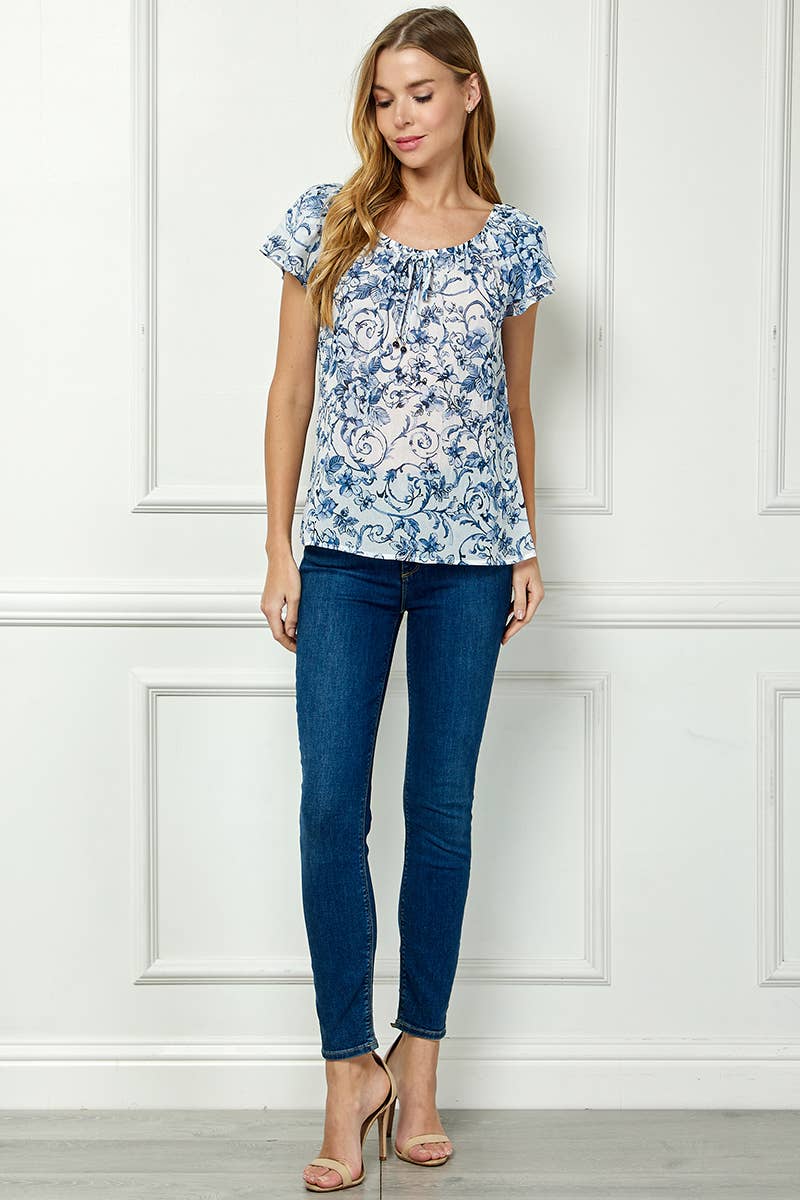 DOUBLE FLUTTER SLEEVE BEADED TIE NECK BLOUSE