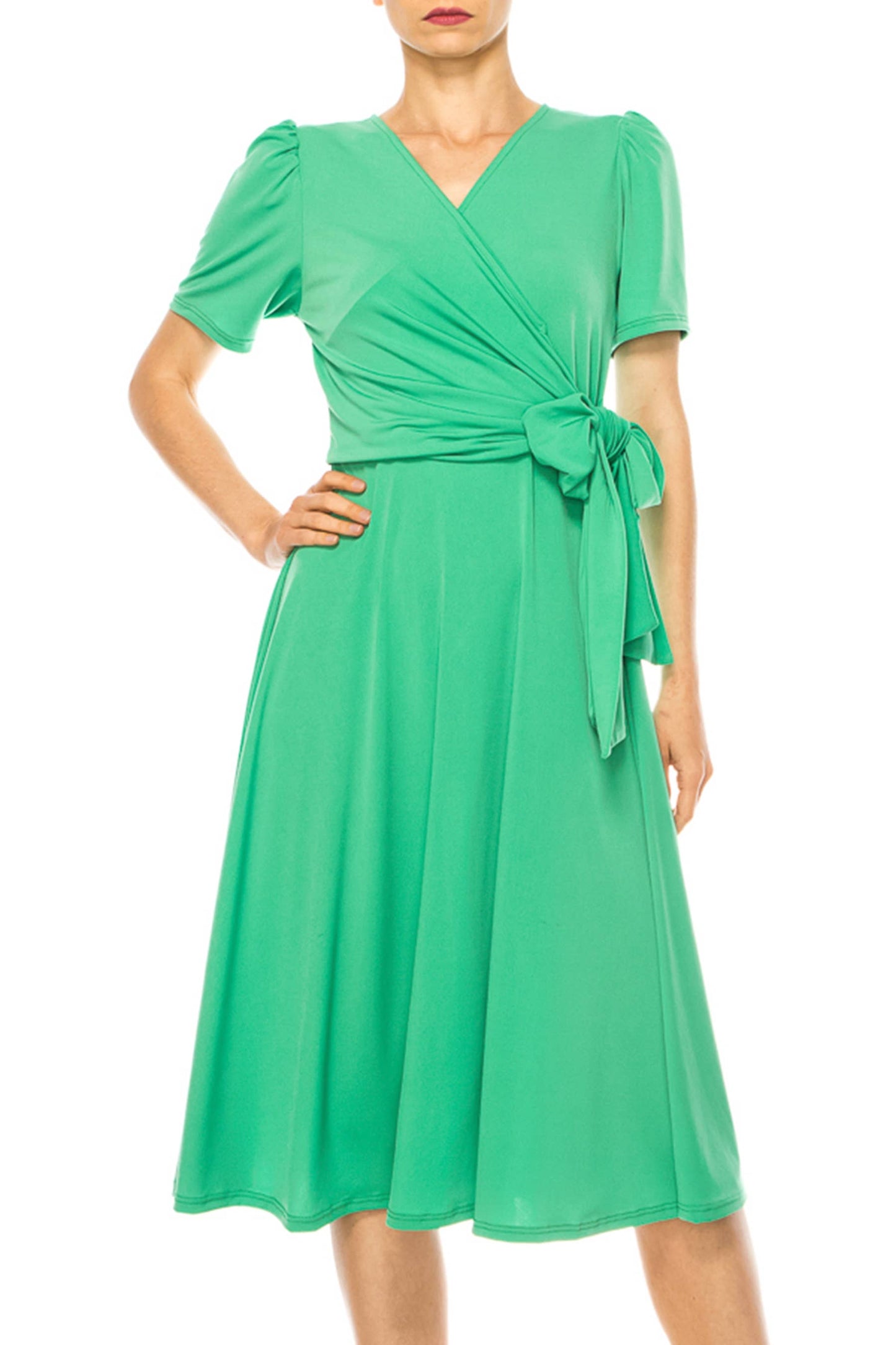Stylish Solid Faux Wrap Dress with Deep V-Neck