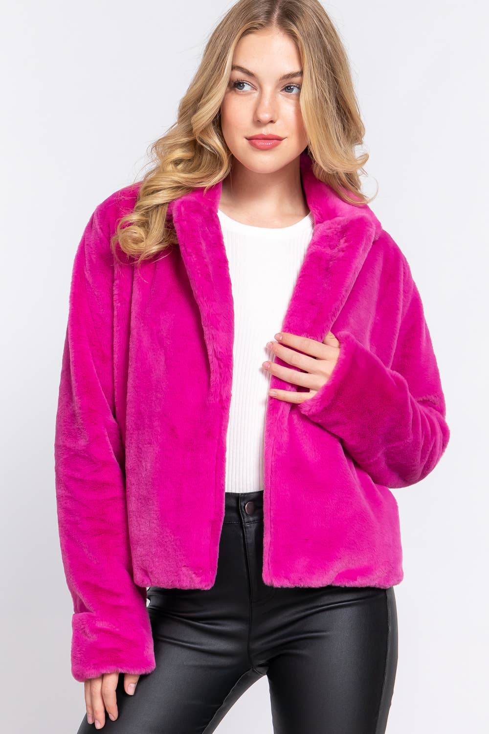 ..._ SI-21480 NOTCHED COLLAR OPEN FRONT  FAUX FUR JACKET