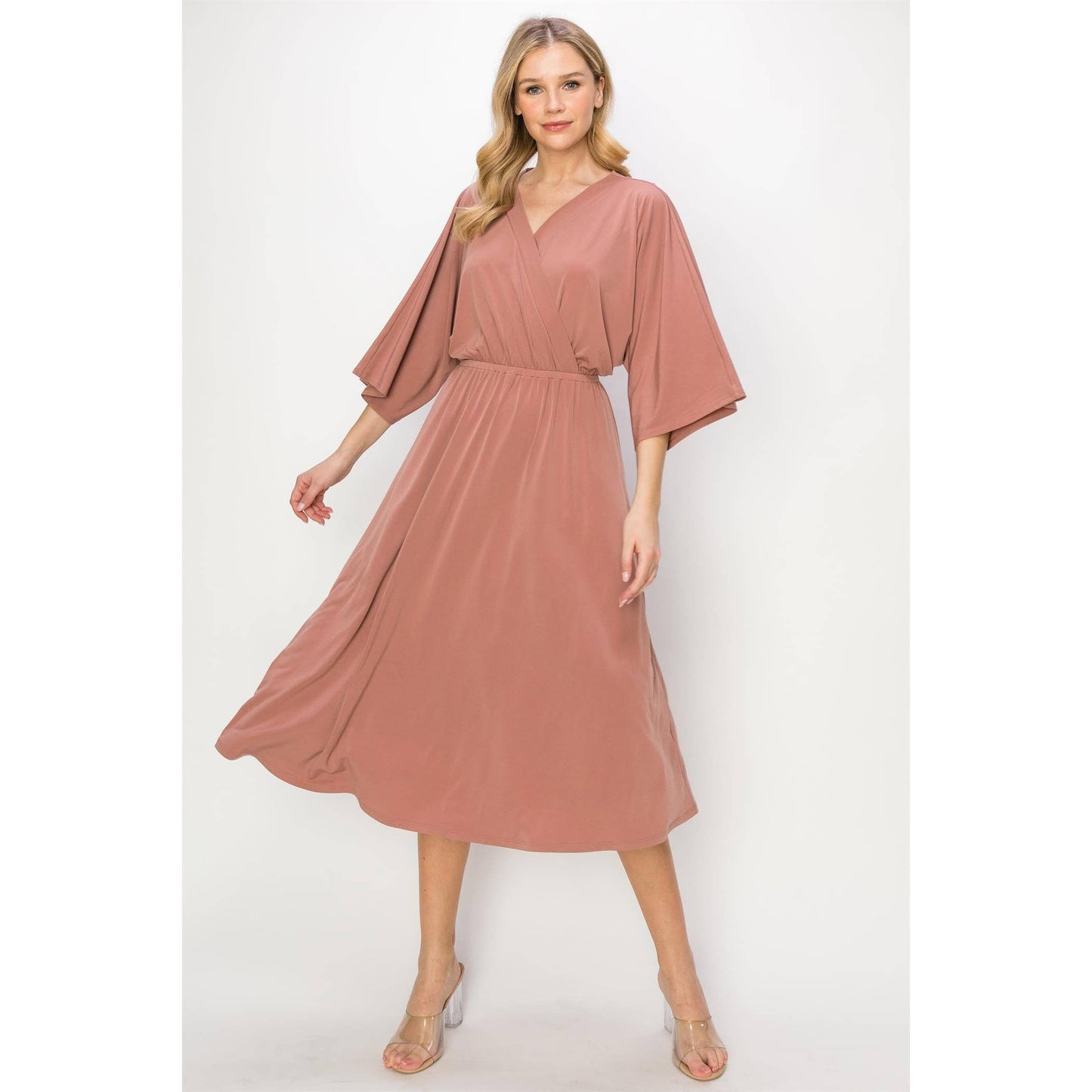 ELEGANT SOLID SURPLICE MIDI DRESS