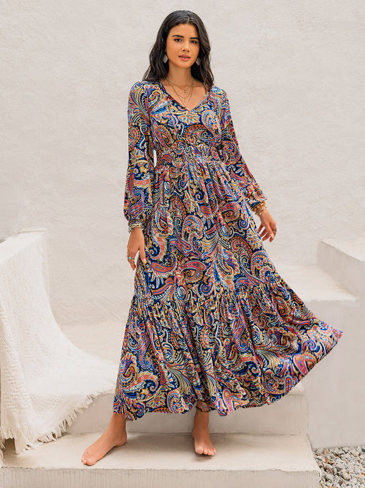 Printed Tie Neck Long Sleeve Midi Dress