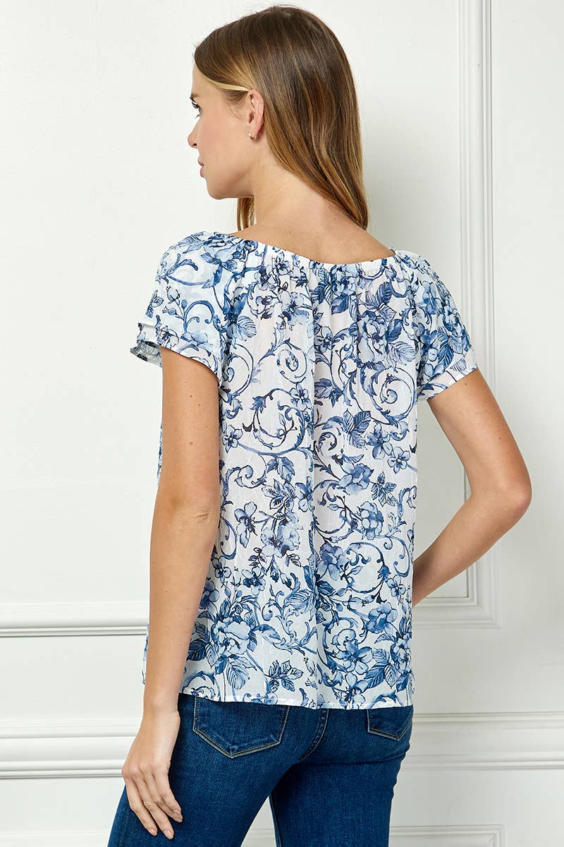 DOUBLE FLUTTER SLEEVE BEADED TIE NECK BLOUSE