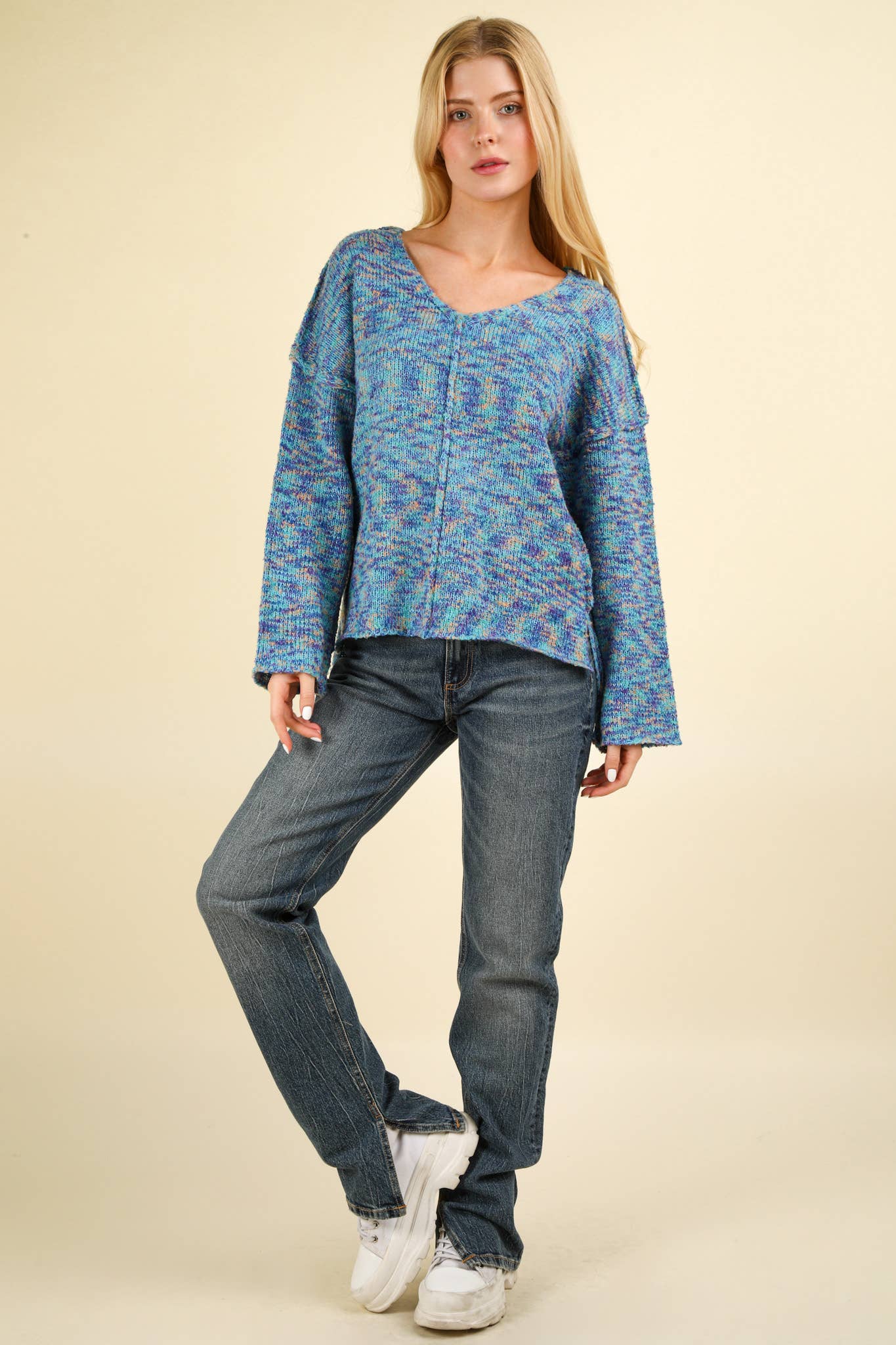12W3270N-Oversized Casual Multi Color Knit Sweater Top
