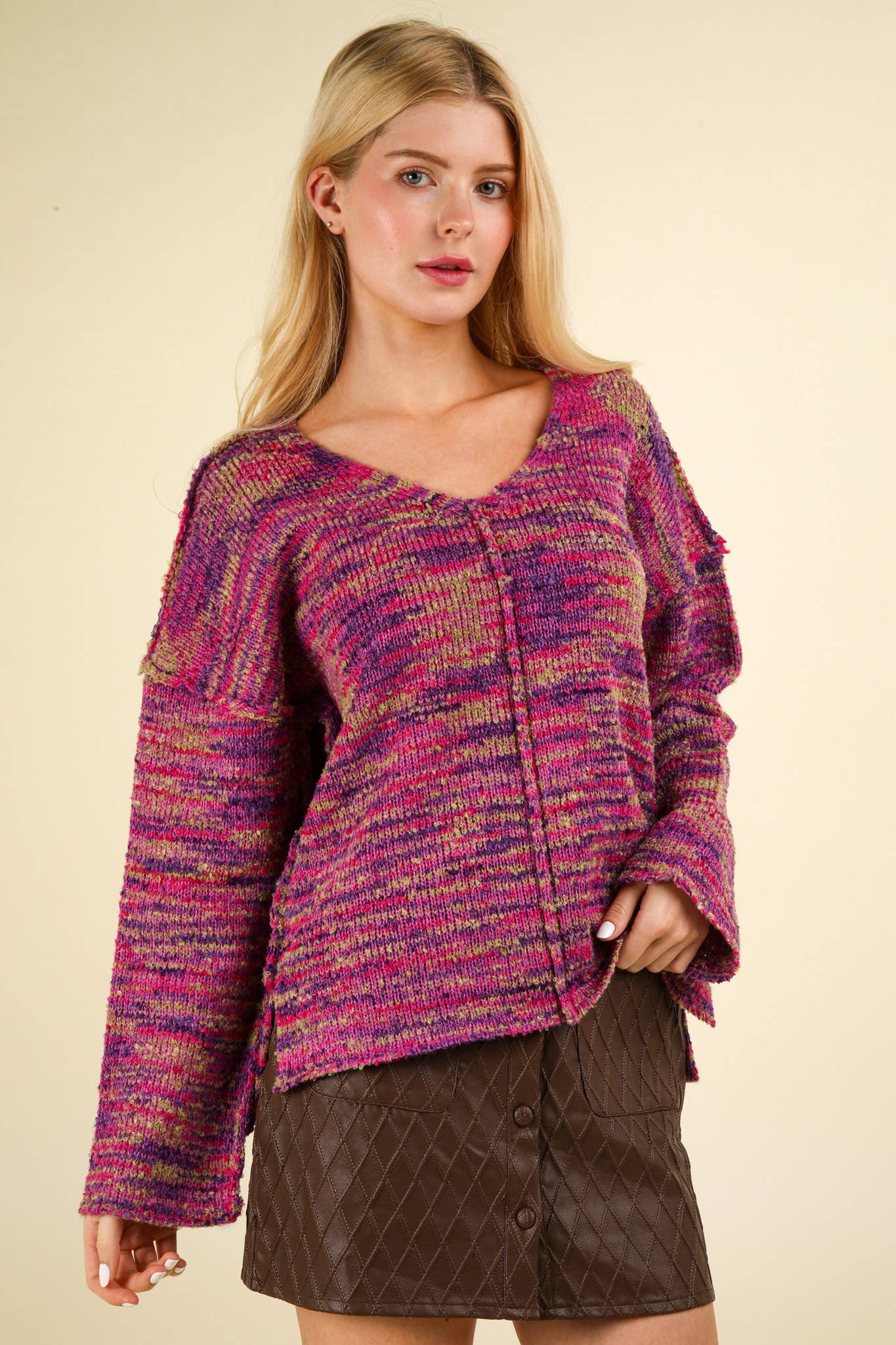 12W3270N-Oversized Casual Multi Color Knit Sweater Top