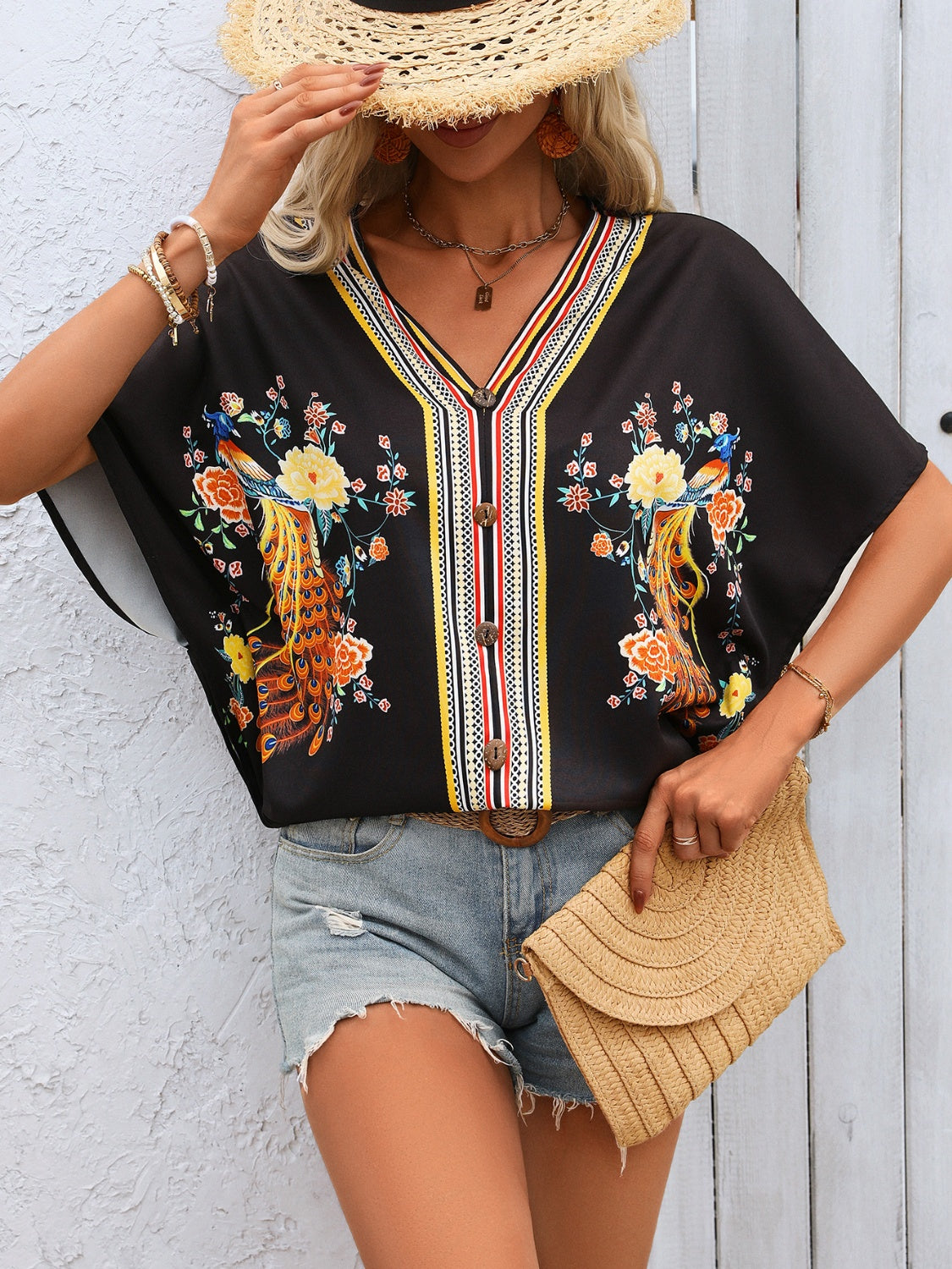 Decorative Button Printed V-Neck Half Sleeve Blouse