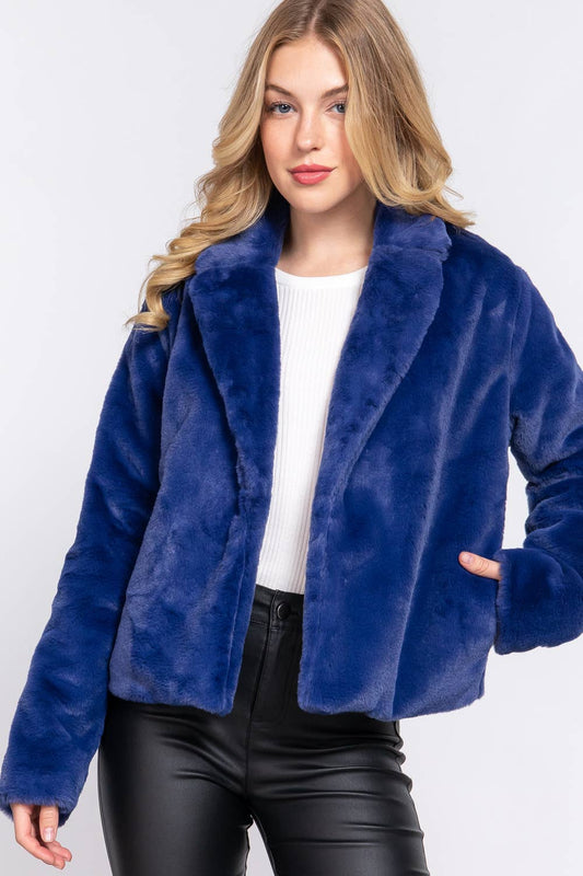 ..._ SI-21480 NOTCHED COLLAR OPEN FRONT  FAUX FUR JACKET