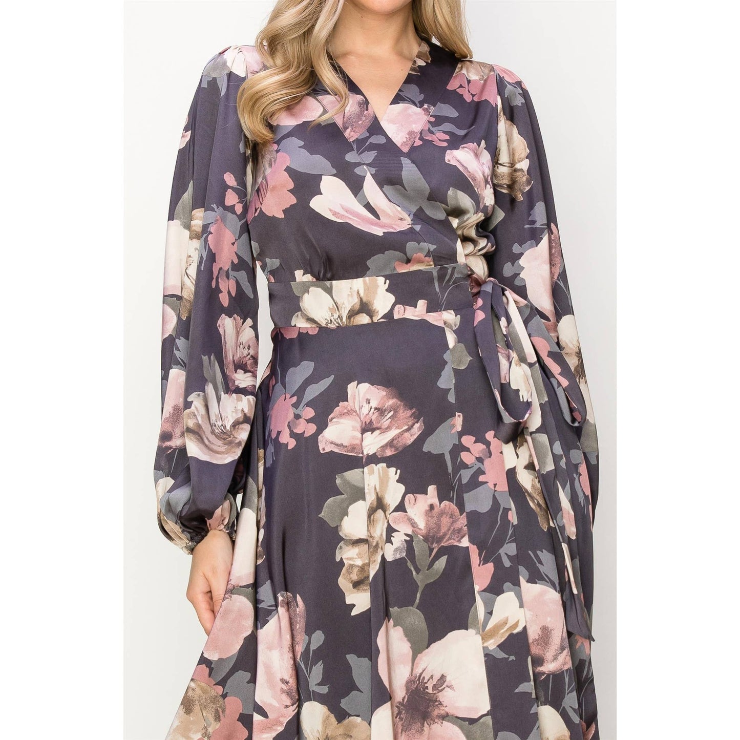 SATIN FLORAL LONG SLEEVE V-NECK WRAP MAXI DRESS