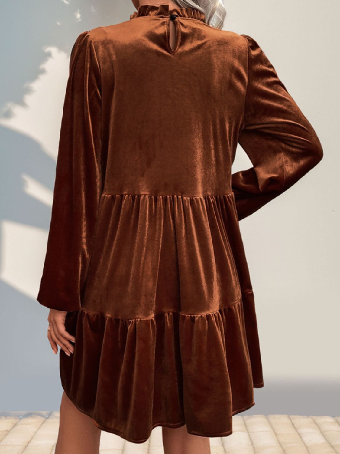 Tiered Ruched Mock Neck Long Sleeve Dress