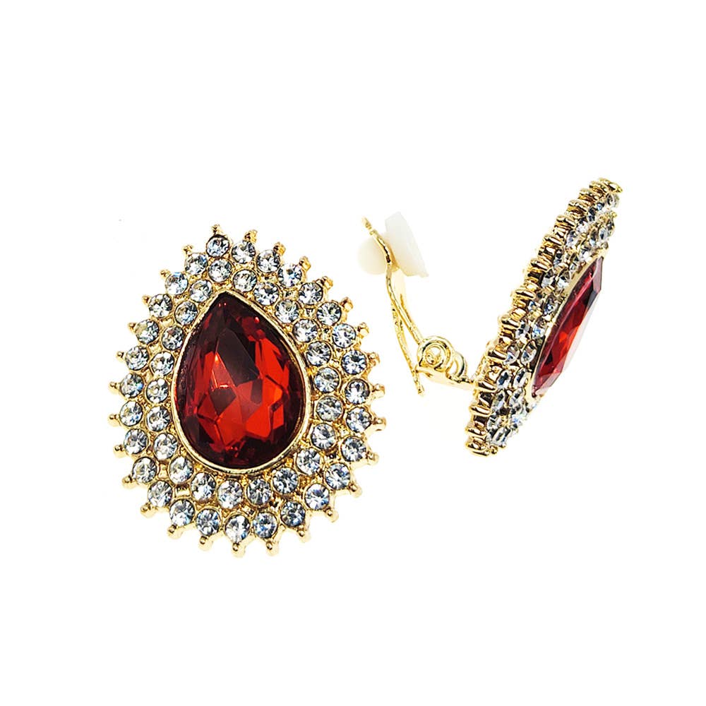 12Pairs - Teardrop Glass Stone Cluster Clip On Earrings